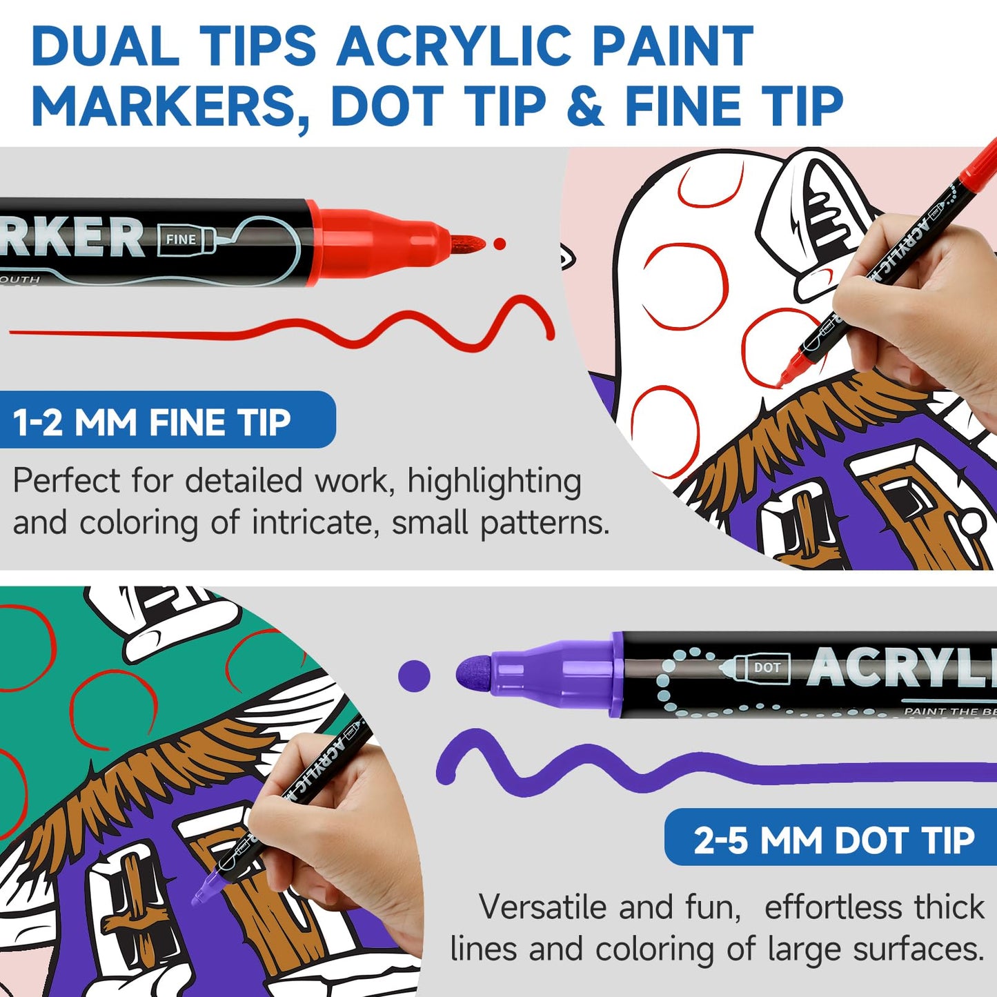 Lamitocs Acrylic Paint Pens, 60 Colours Dual Tip Acrylic Markers with Fine & Dot Nibs for Rock, Wood, Glass, Canvas, Office & Studio Painting