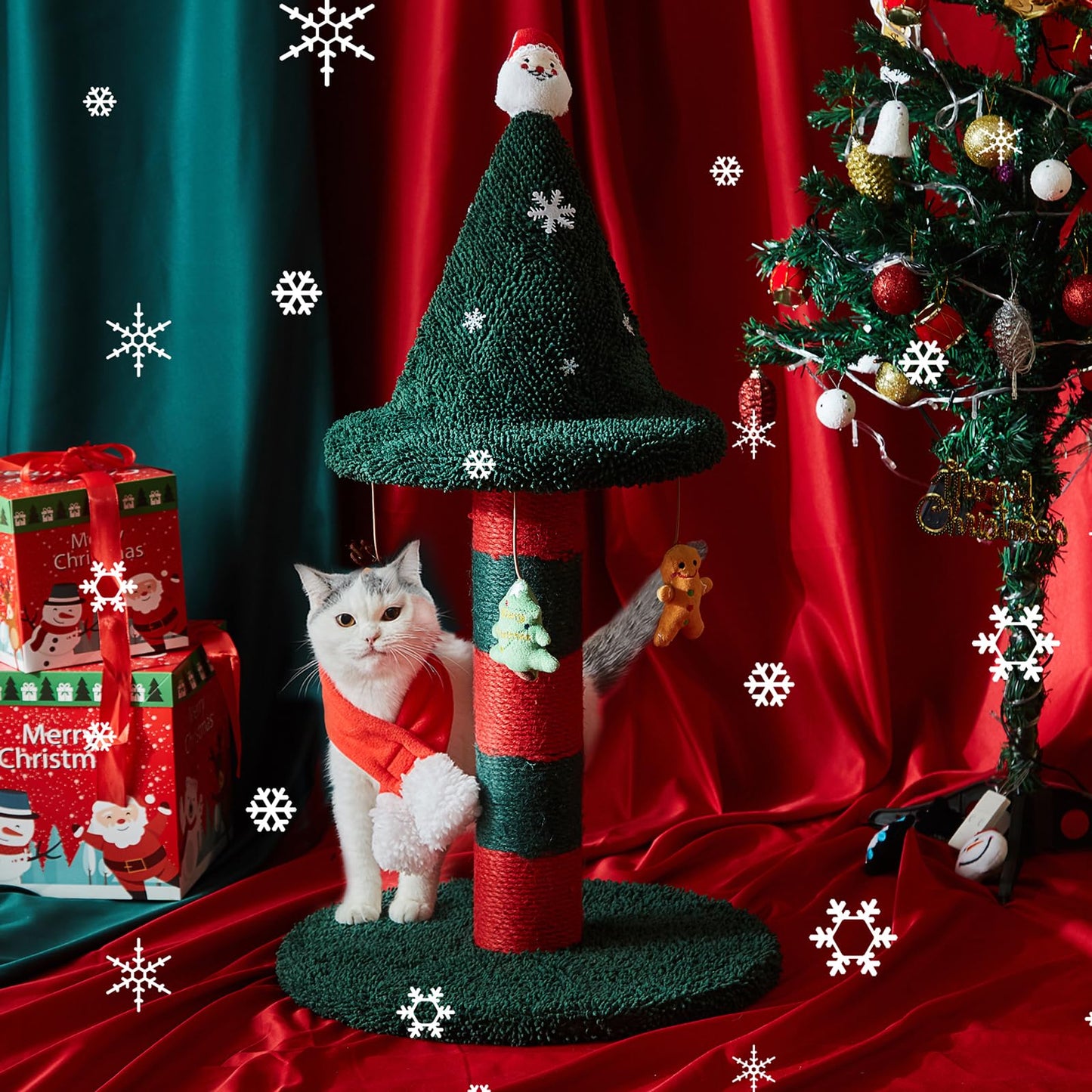 LUCKITTY Cat Scratching Post with 4 Hanging Plush Toy - Christmas Tree Alternative Give Your Cat a Toy and Scratching Post in One with This Ultimate Tree 30 * 15 Inch Red Green