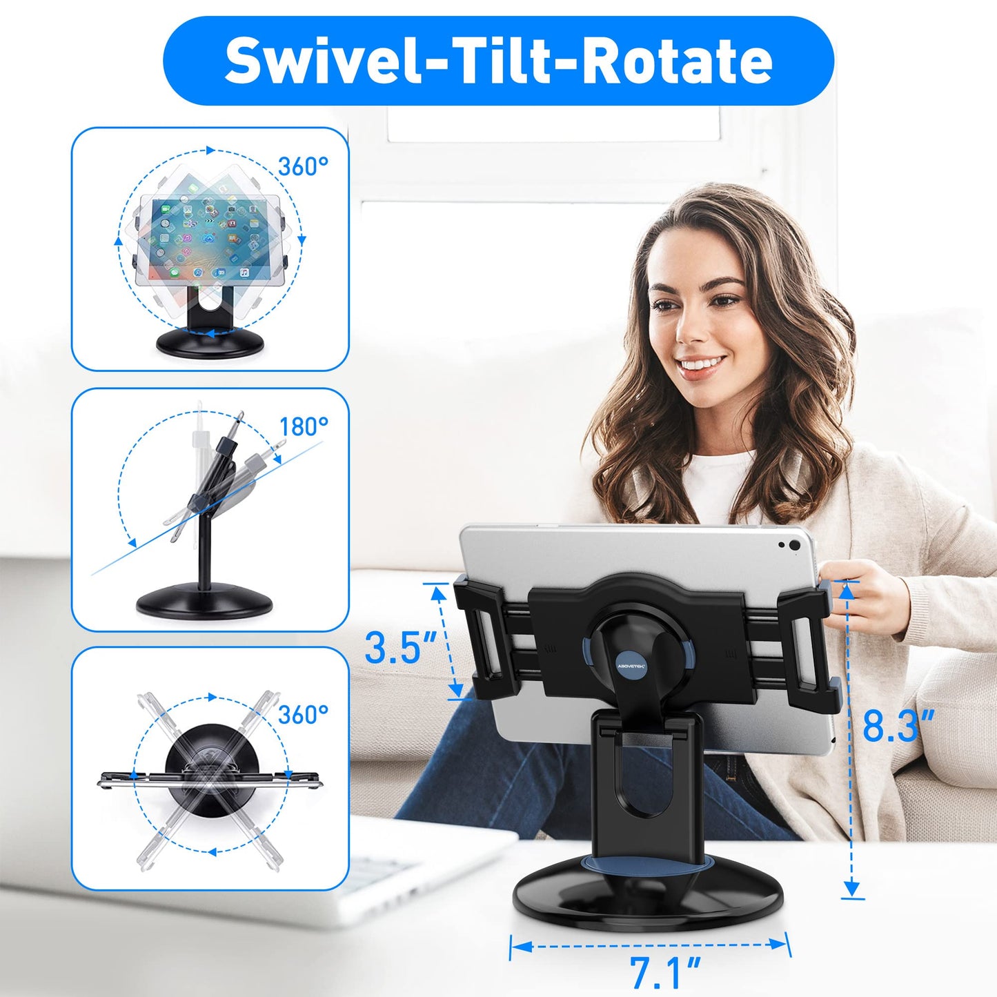 AboveTEK Retail Kiosk Tablet Stand, 360° Rotating Commercial Stand for 6-13" Display Tablets as Business Tablet Holder, Swivel Design for Store POS Office Showcase Reception Kitchen Desktop