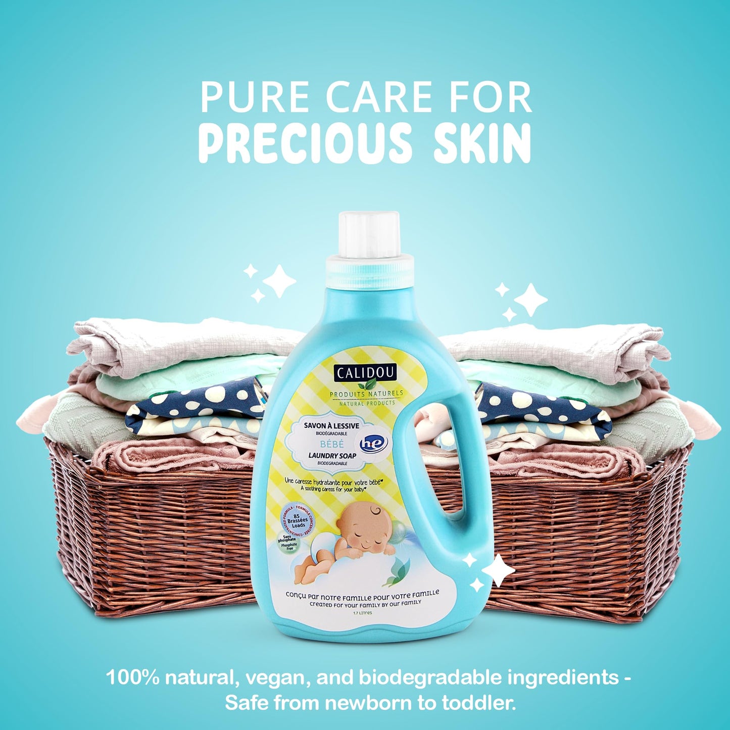 CALIDOU Baby Laundry Detergent 1.7L | Hypoallergenic & Biodegradable Newborn Clothes Laundry Soap | Organic, Vegan & Natural Washing Liquid | No Chemicals, Phosphate-Free | Made in Canada | 85 Loads