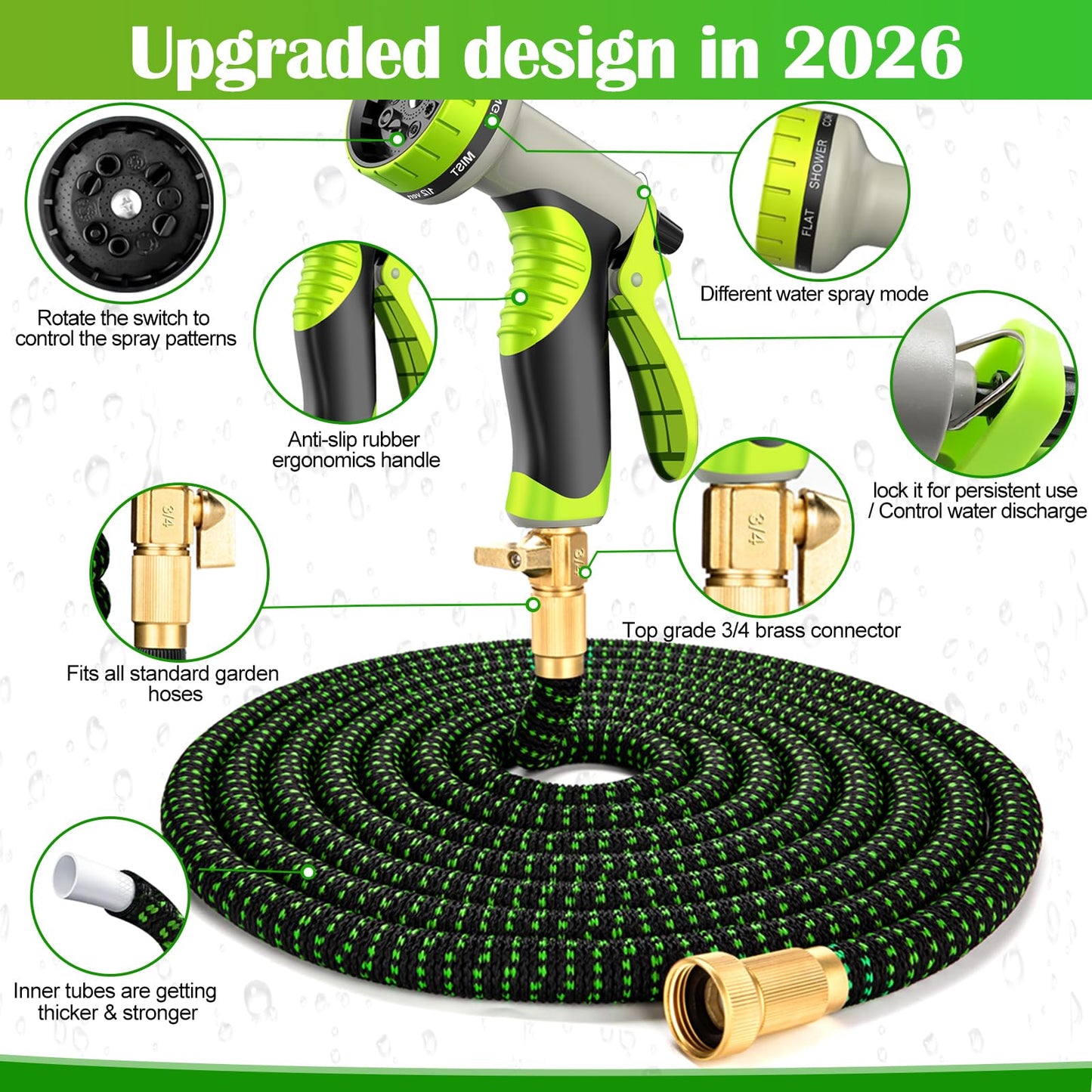 Expandable Garden Hose 100ft Water Hose with 10 Function Nozzle Flexible Expending Hose Kink Free,3-Layers Latex,3/4 Solid Solid Fittings Retractable Collapsible Gardening Hose Pipe with Hook Green