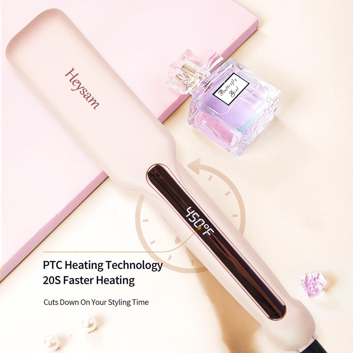 Heysam Flat Iron Hair Straightener for Women, Graphene Titanium Ceramic Plates 1.6 Inch Wide, Pink Flat Iron Dual Voltage Hair Straightener and Curler 2-in-1, LCD Temperature Display, 30S Fast Heating