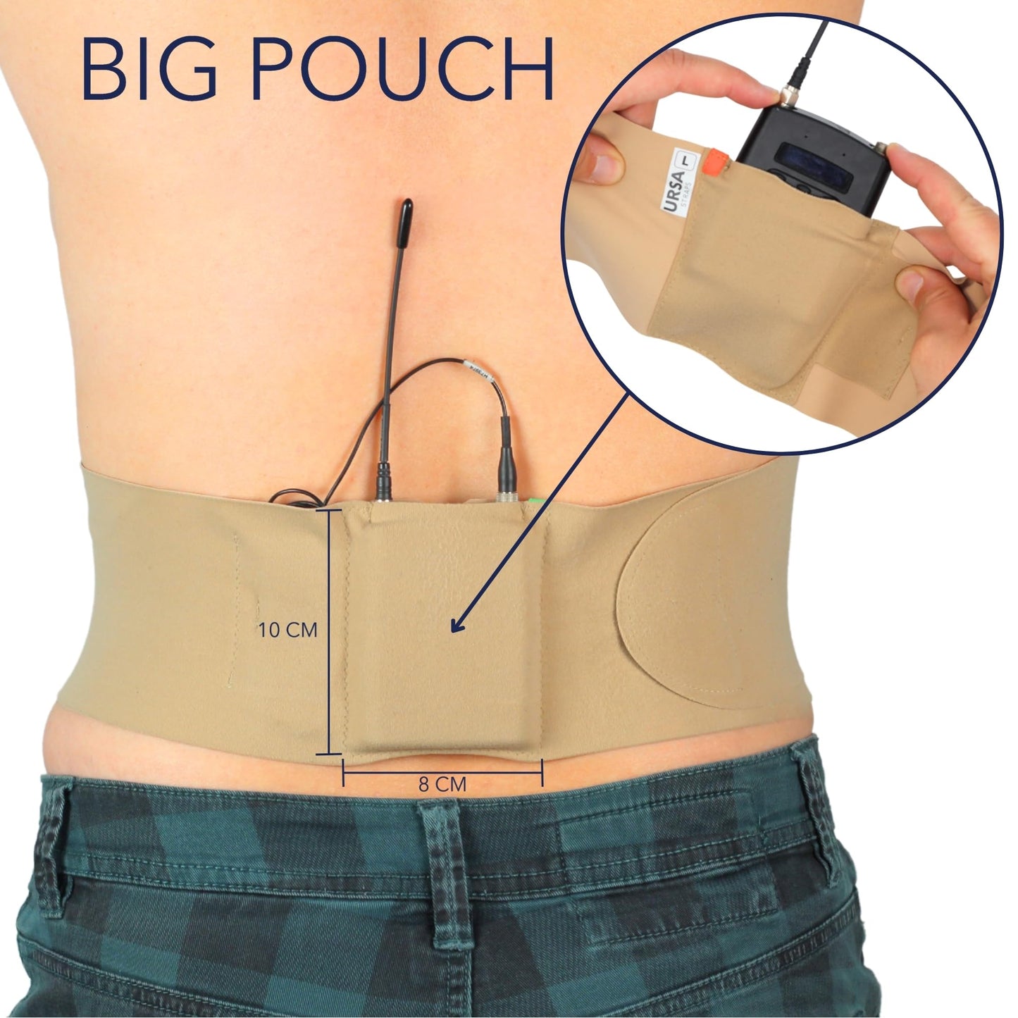 URSA Waist Strap - Ultra Slim, Breathable & Stretchy Microphone Transmitter Straps. Compatible with Most Transmitter/Receivers (Beige, Medium Waist - Big Pouch)
