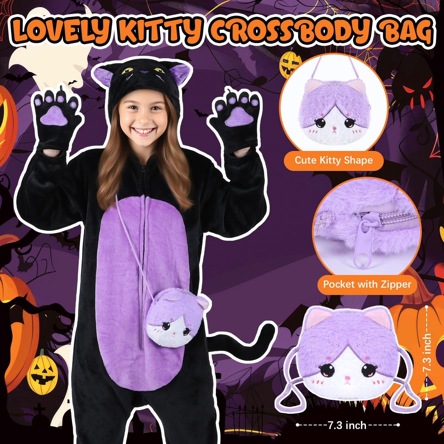 Black Cat Costume for Girls, Kids Hooded Cat Noir Onesie with Purse Bag, Girls Halloween Costumes for Kids Age 5-10