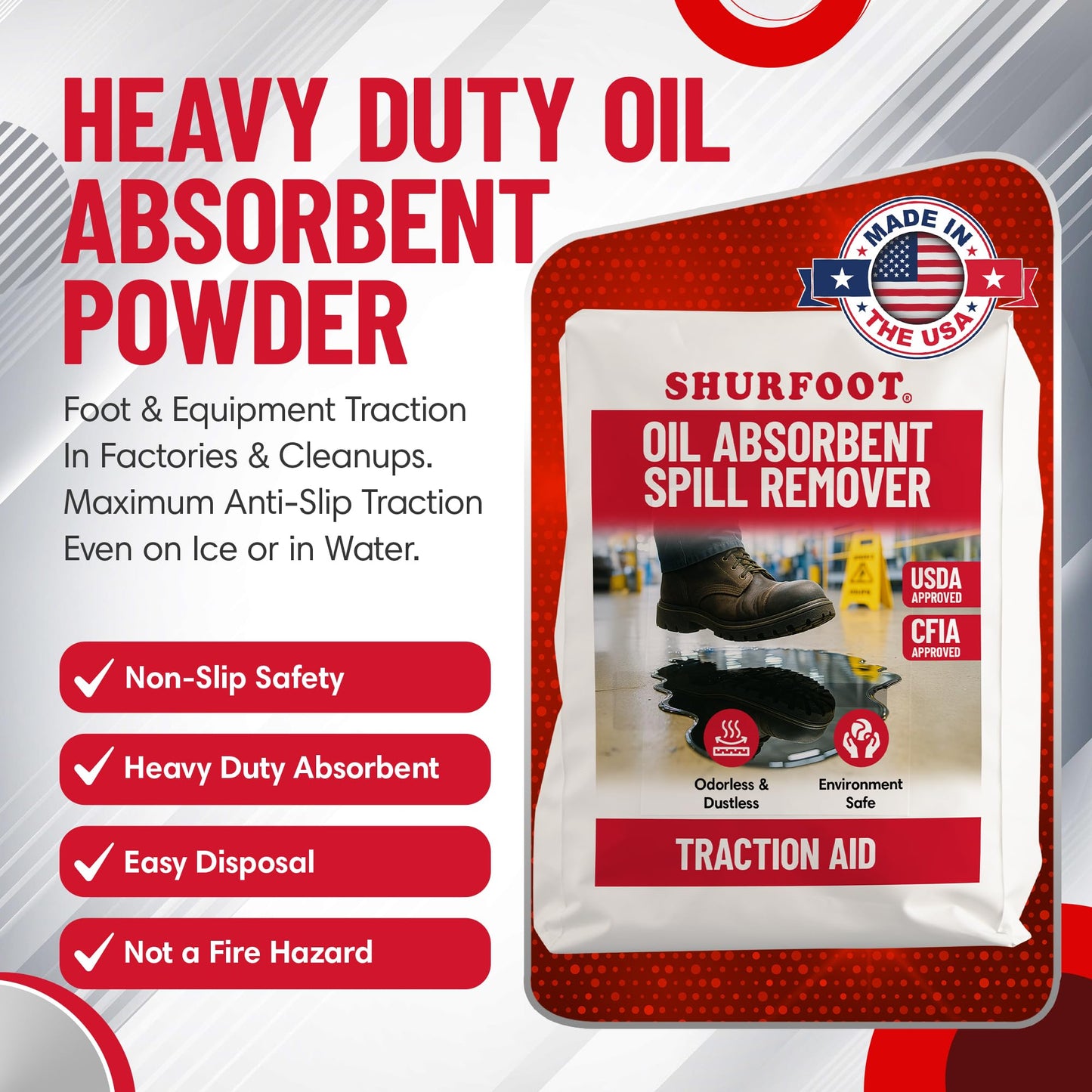 Shurfoot 3lb Non-Slip Oil Absorbent – High-Traction, Vapor-Suppressing Spill Control for Ice, Water & Oils – USDA Approved Floor Dry Absorbent – Odorless, Dustles, Fire-Safe – Ideal for Industrial