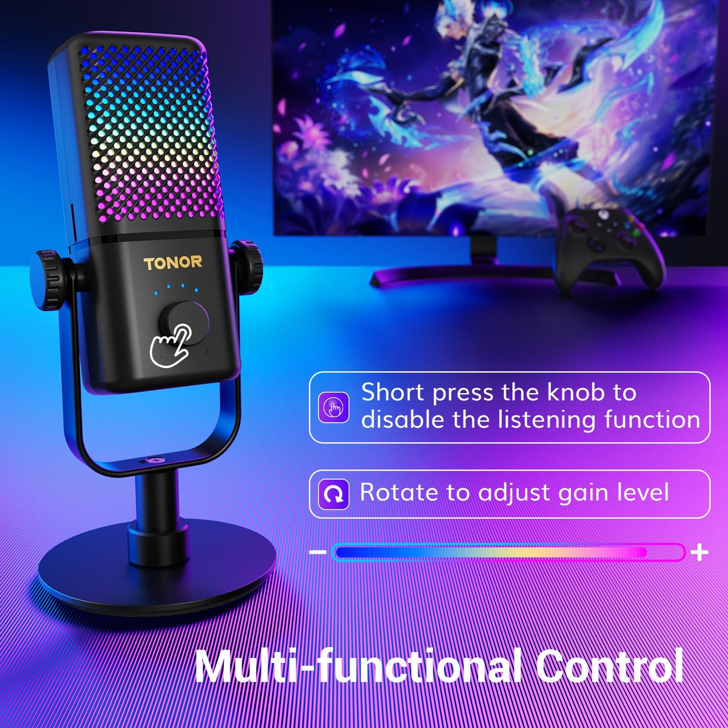 TONOR Gaming Microphone Compatible with Xbox, RGB Condenser Streaming Mic with 30H Battery Life, Low Noise, Monitoring, Gain Control, One Tap Mute, Fast Charging, Compatible with Capture Card TCX3