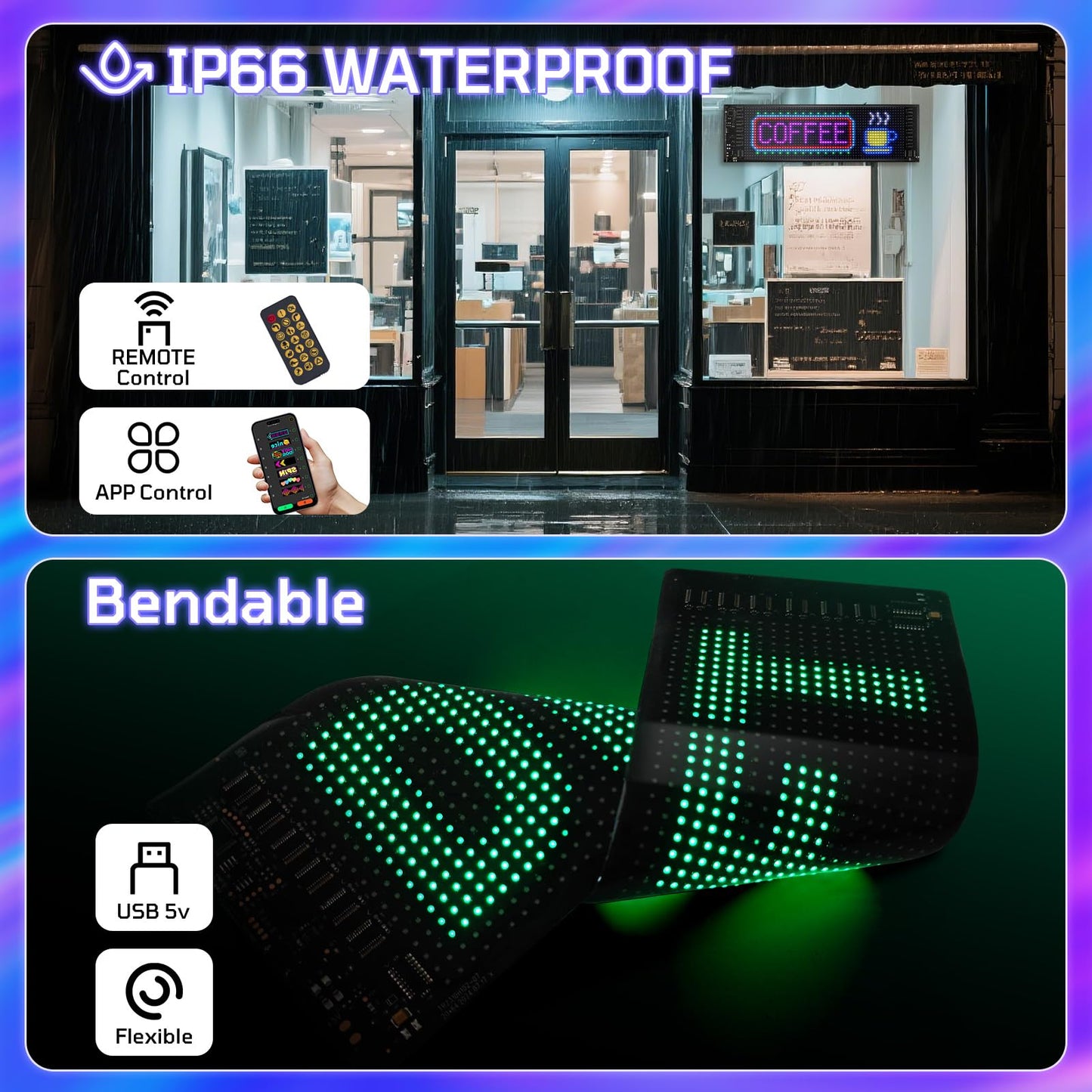 Car LED Sign, LED Light Signs for Car, 13.7"x4.01" Programmable Flexible LED Sign, APP Control DIY Custom Text Graffiti Message Pattern, FPCB Flexible Matrix Panel LED Display for Store Bar Hotel