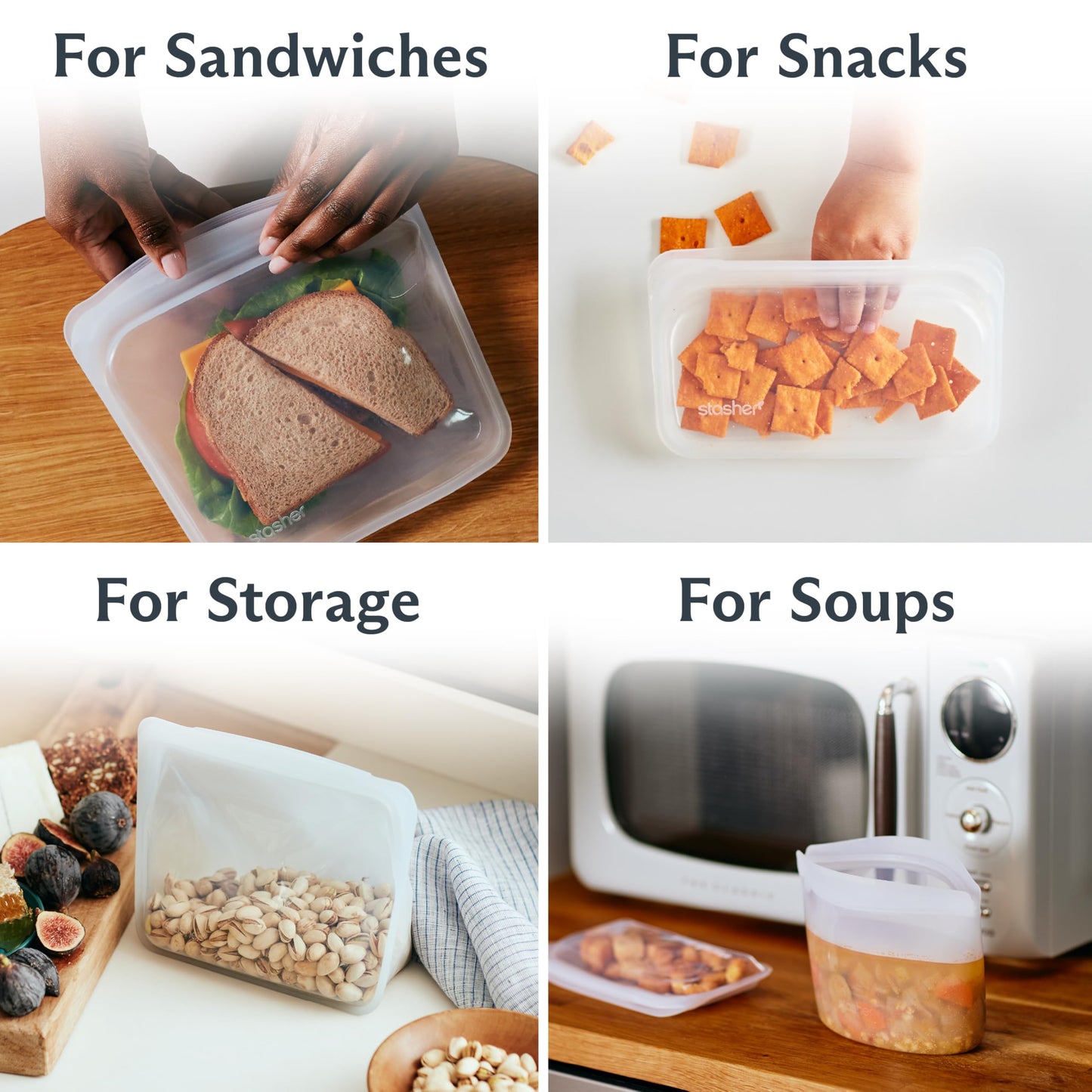Stasher Premium Silicone Reusable Food Storage Bags 4-Pack Boxed Starter Kit, Clear, Microwave, Sous Vide, Dishwasher, Oven & Freezer Safe, Multi-Use Containers, BPA Free, Leak-Free, Eco-Friendly
