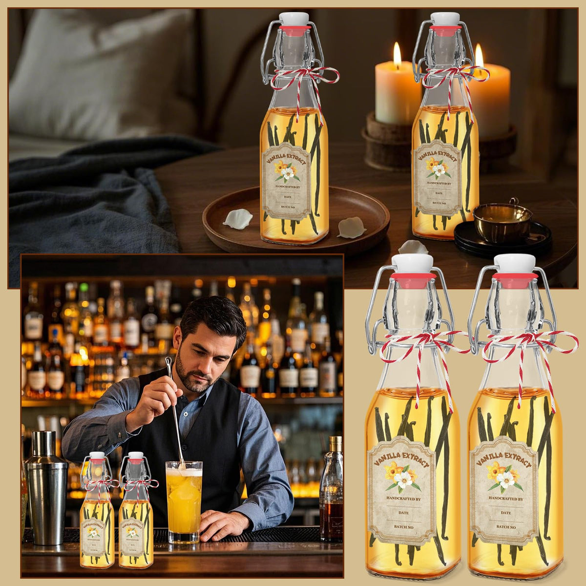 10 Pack Swing Top Glass Vanilla Extract Bottles 8 oz with Lids, Vanilla Extract Labels and Funnel, Glass Boston Vanilla Bottles for Syrup Gift, Flip Top Glass Bottles Jars for Vanilla Extract