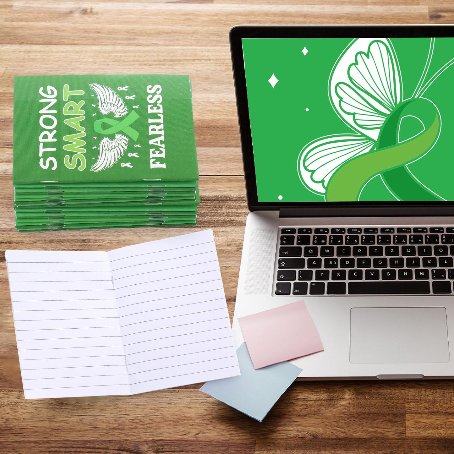 Dinifee 100 Pcs Mini Mental Health Notepads Small Memo Pad Notepads Bulk Mental Health Awareness Green Ribbon Pocket Notebooks, 10 Styles