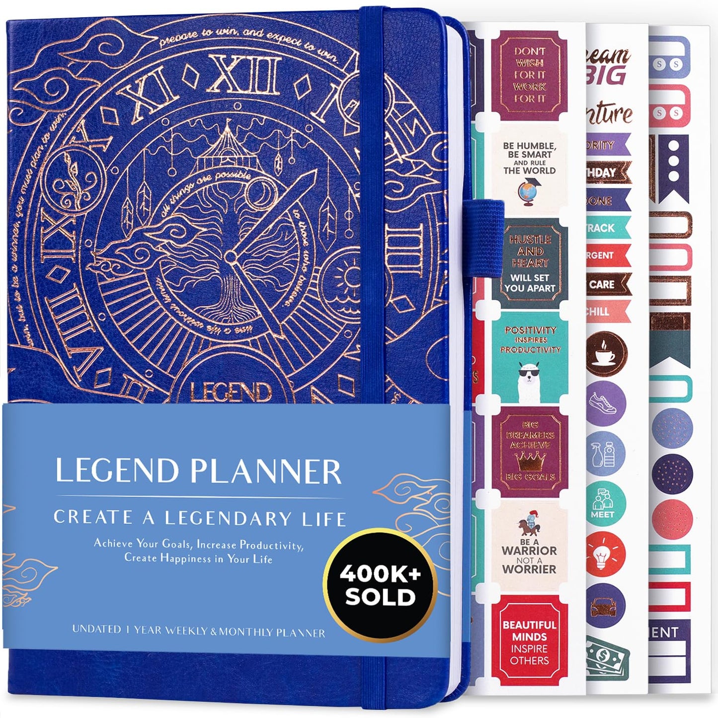 Legend Planner – Deluxe Weekly & Monthly Life Planner to Hit Your Goals & Live Happier. Organizer Notebook & Productivity Journal. A5 Hardcover, Undated – Start Any Time + Stickers – Royal Blue