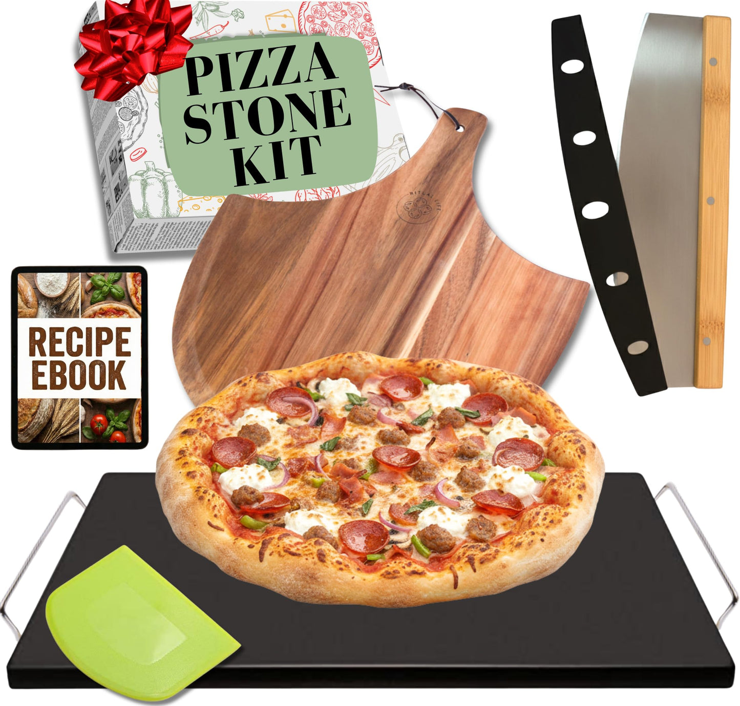 Non-Stick Easy Clean Pizza Stone - 15 inch Pizza Stones for Oven and BBQ - 5PCS Pizza Making Accessories, Ceramic Grill Stone with Handles, Wooden Pizza Peel, Pizza Cutter, Dough Tool - Pierre a Pizza
