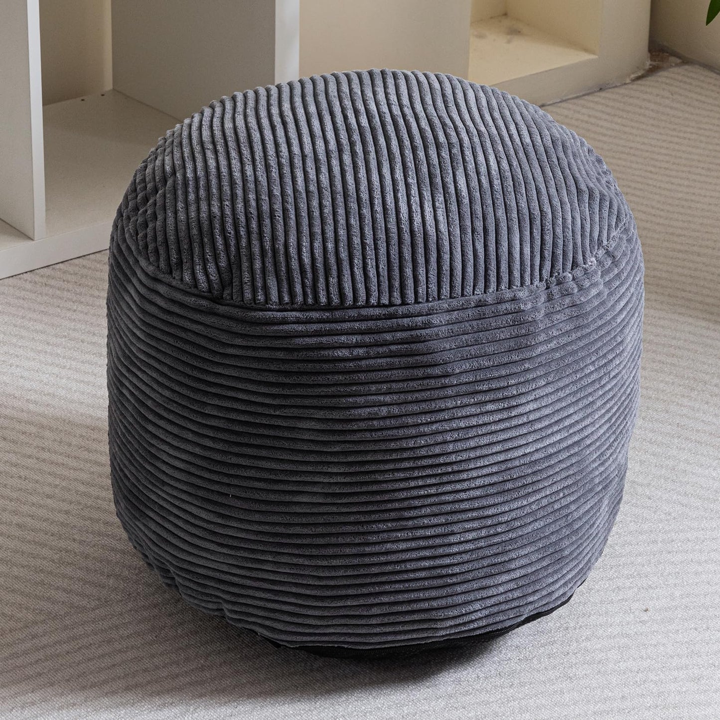 HIGOGOGO Corduroy Round Pouf Ottoman with Foam Chunk Filling, Furry and Fluffy Pouf Foot Stool, 20 X 15 Floor Poufs Foot Rest for Living Room, Dark Grey
