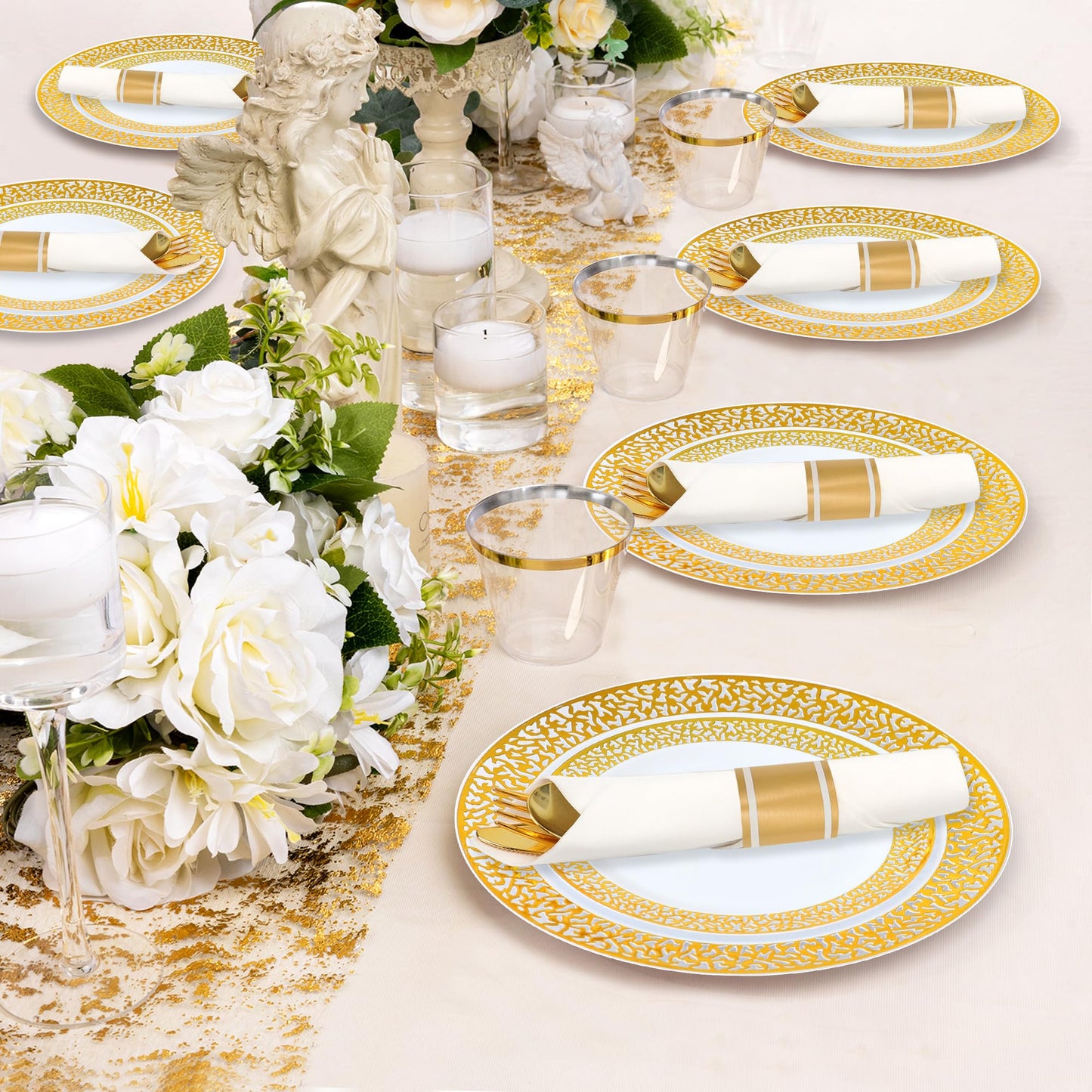 350 Piece Dinnerware Set for Wedding & Party,50 Guest Lace Design Plastic Plates,50 Plastic Silverware,50 Cups,50 Linen Like Napkins,50 Guest Disposable Dinnerware Set (Gold)