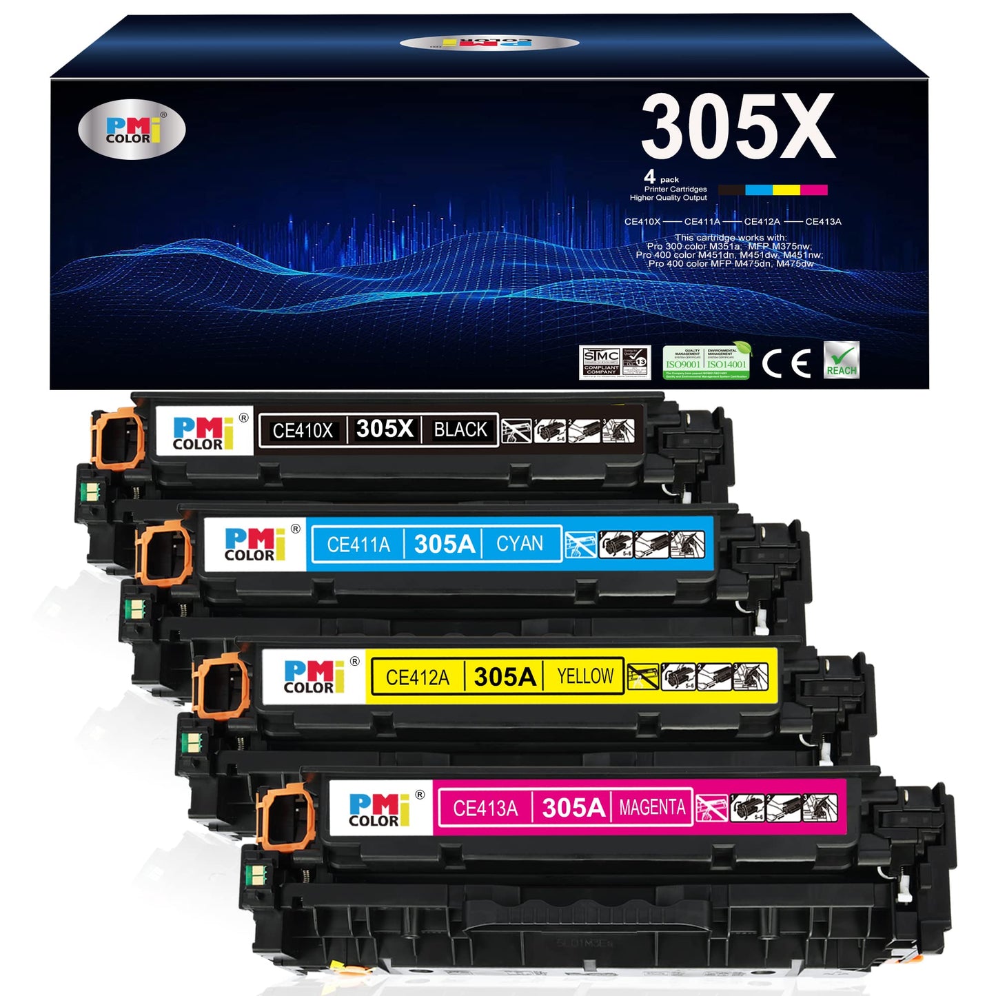 305A 305X Toner Cartridges 4 Pack Replacement for HP Laserjet Pro 400 Color M451dn M451nw M451dw MFP M475dw M475dn Pro 300 M375nw (Black,Cyan, Magenta, Yellow)