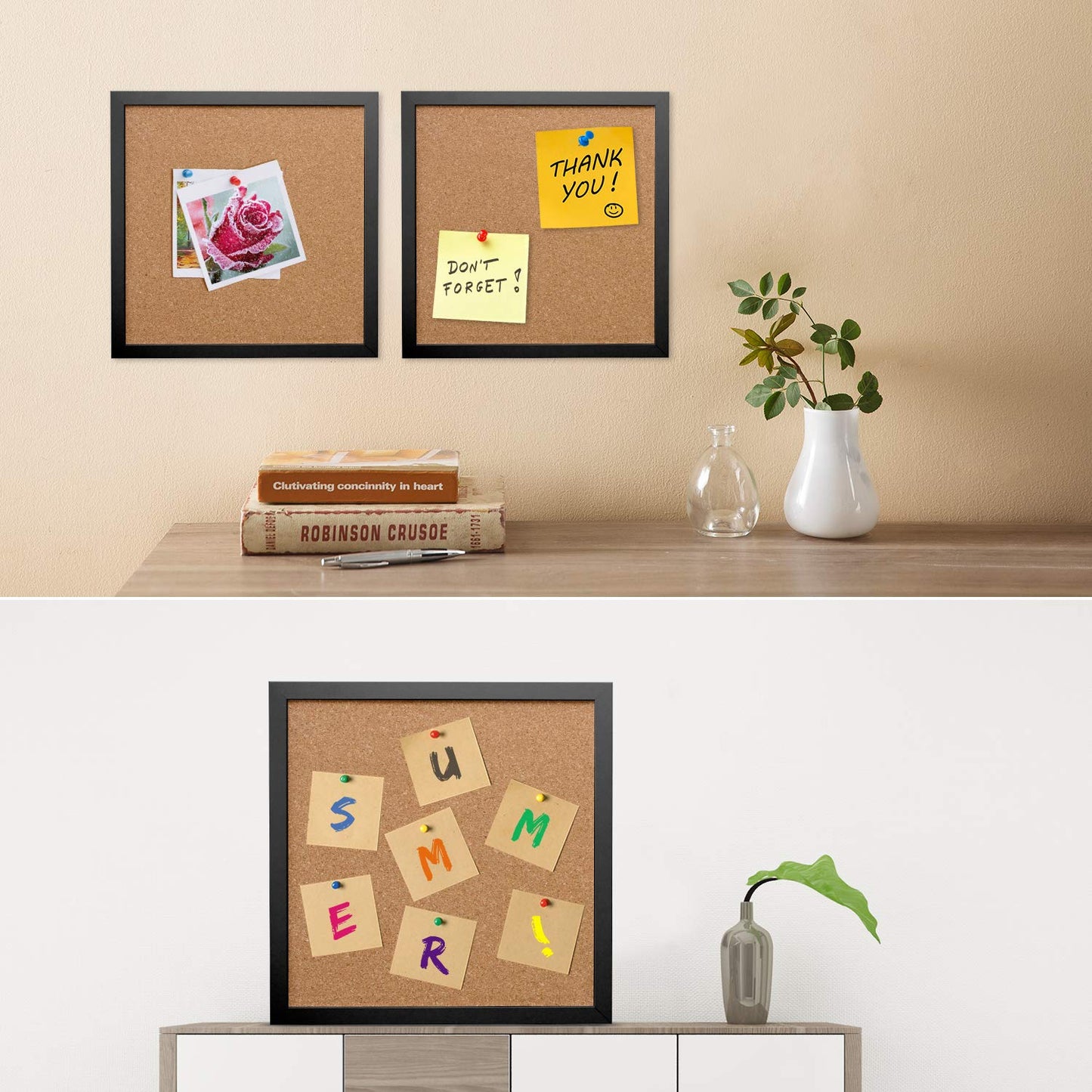 AkTop Cork Board Bulletin Board 12x12, Black Framed Corkboard 4 Pack, Small Square Pin Board for Wall, Mini Thick Cork Tiles with 16 Push Pin Wood Clips for School, Home & Office