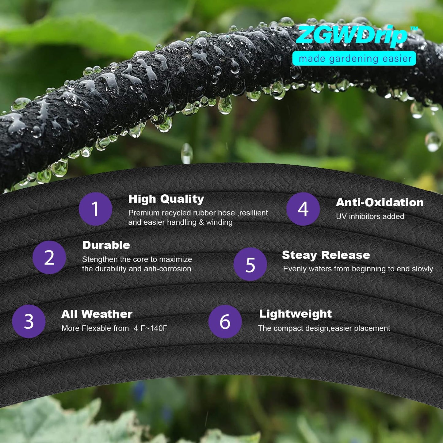 ZGWDrip Soaker Hose,1/2 Inch Soaker Garden Hose with 3/4" Solid Brass Connectors (150 FT)