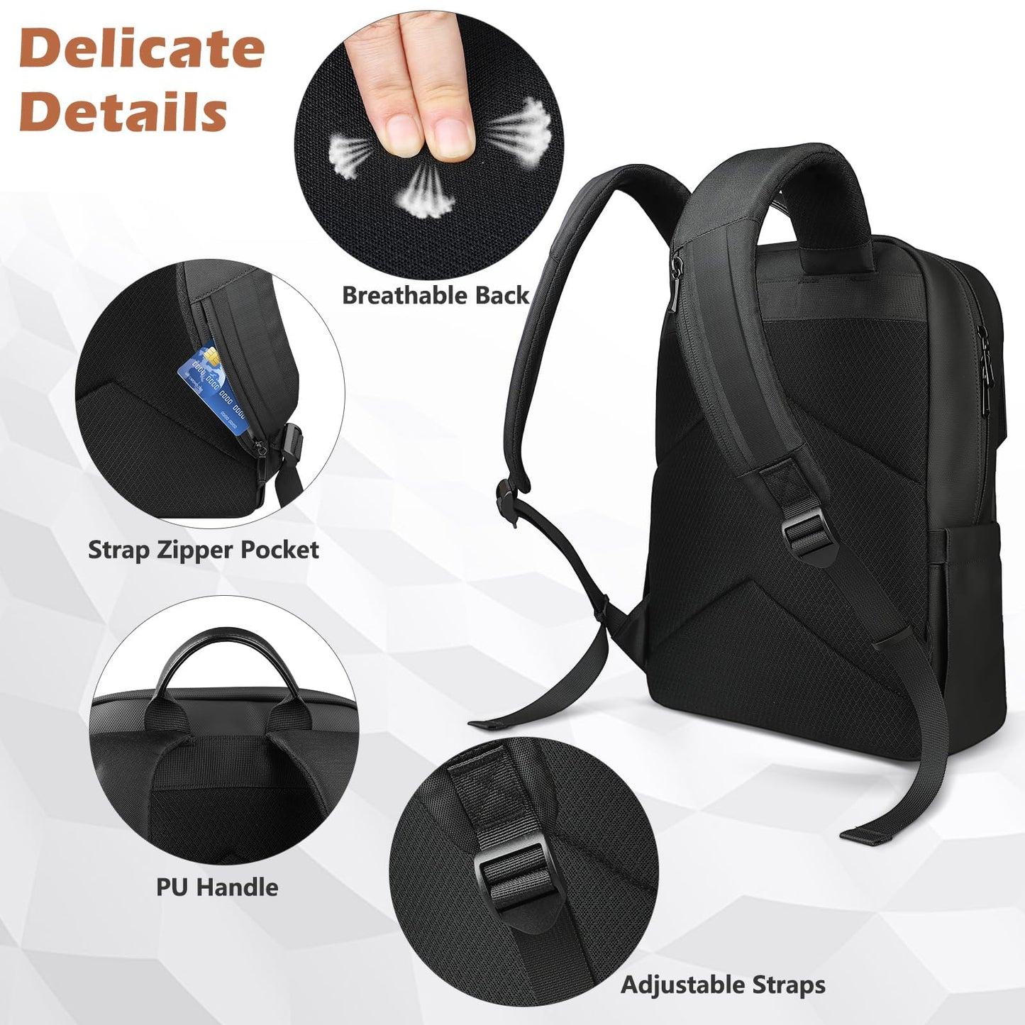 hk Slim Backpack for Men Women, 15.6 Inch Business Laptop Backpacks, Water-resistant Anti-theft Lightweight Computer Bag for Office Work Travel College Daily Elegant Casual - Black