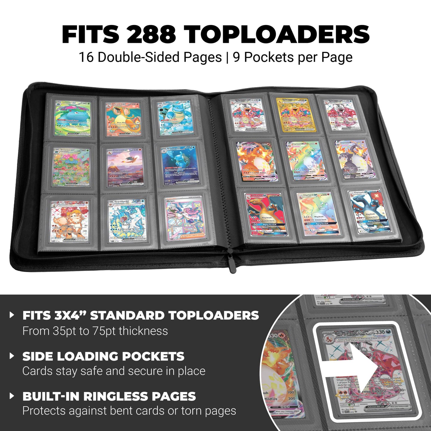 Onyx Toploader Binder 9-Pocket 288 Toploaders - 16 Ringless Double Sided Pages for Cards in 3" x 4" Top Loaders - 9 Pocket Side Loading Pages for Trading or Sports Card Storage - Zipper (Black)