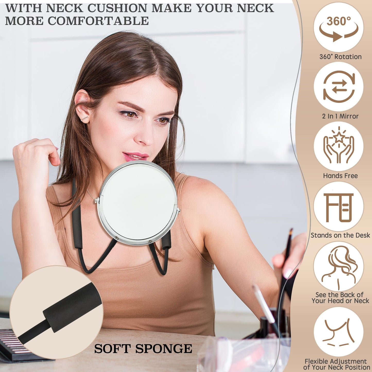 XWZMR Double Sided Mirror to See Back of Head,Big Size 360°self Haircut Hands Free Adjustable Mirror,Standard Viewing and 5X Magnification for Women Man,Arm Flexible to Around The Neck