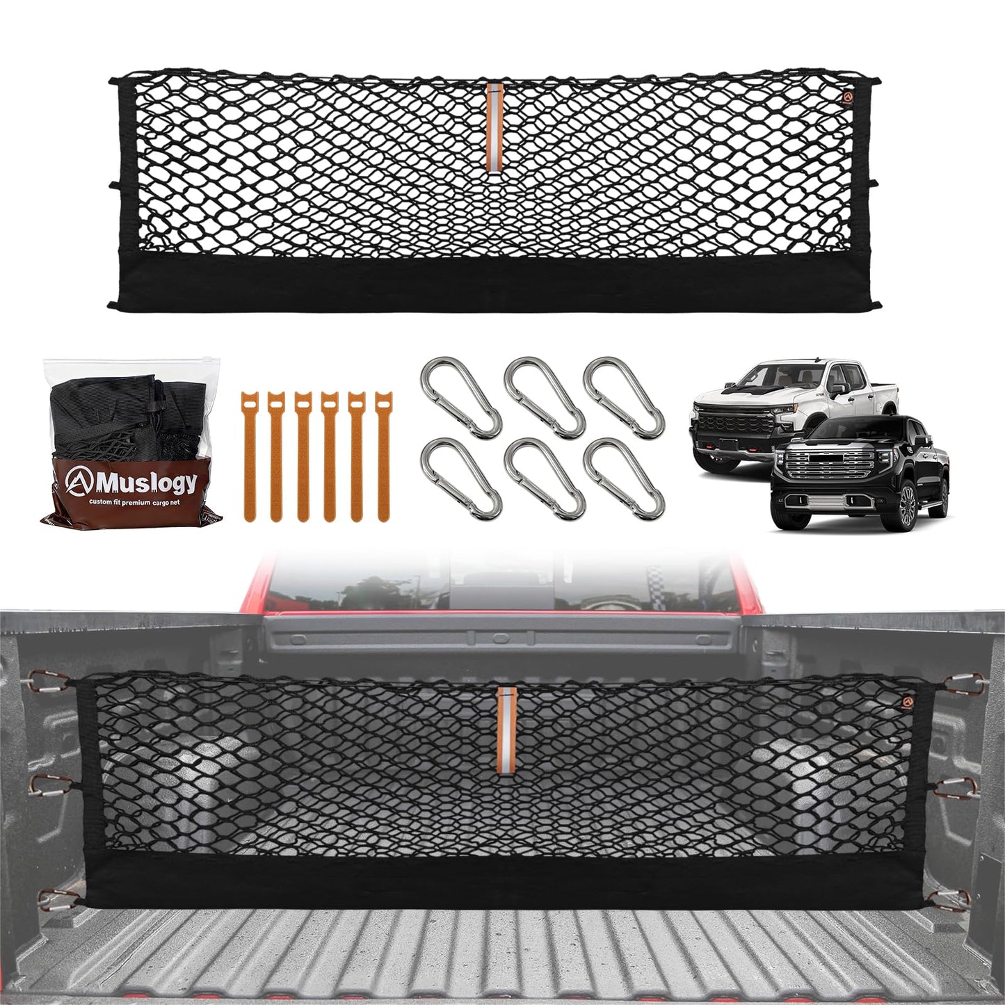 Muslogy Truck Bed Cargo Net Compatible with Chevy Silverado & GMC Sierra 2019-2025 Accessories Storage Organizer Pickup Truck Bed Envelope Style Cargo Net with Heavy Duty Carabiners