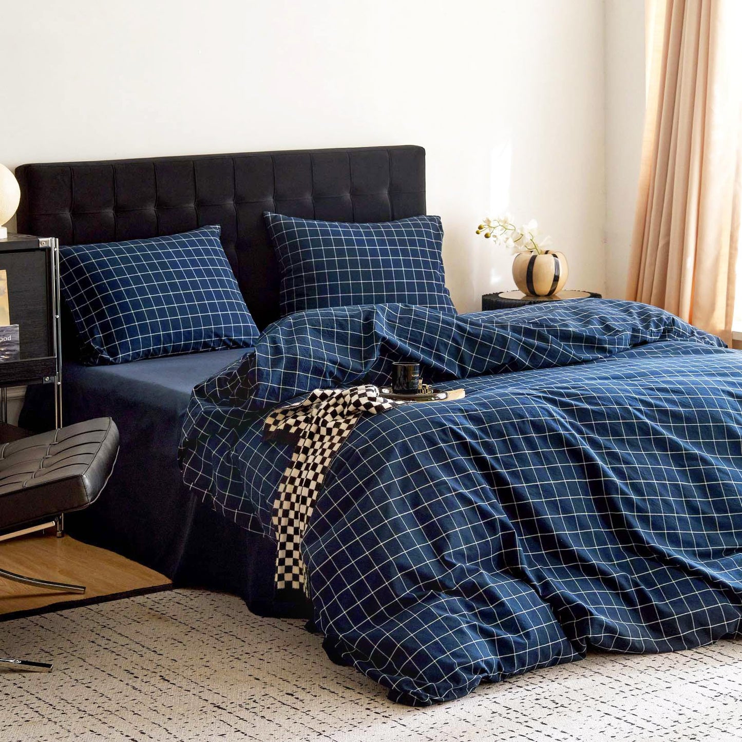 Wake In Cloud - Grid Duvet Cover Set, 100% Washed Cotton Checkered Plaid Farmhouse Check Gingham Geometric Beddings with Zipper Closure, 3 Pieces, Navy Blue, Queen Size