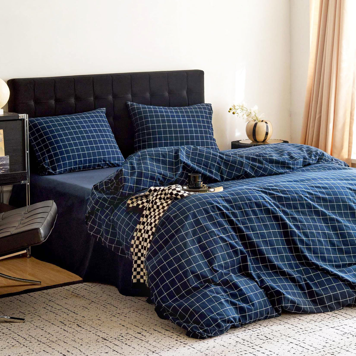 Wake In Cloud - Grid Duvet Cover Set, 100% Washed Cotton Checkered Plaid Farmhouse Check Gingham Geometric Beddings with Zipper Closure, 3 Pieces, Navy Blue, Full Size