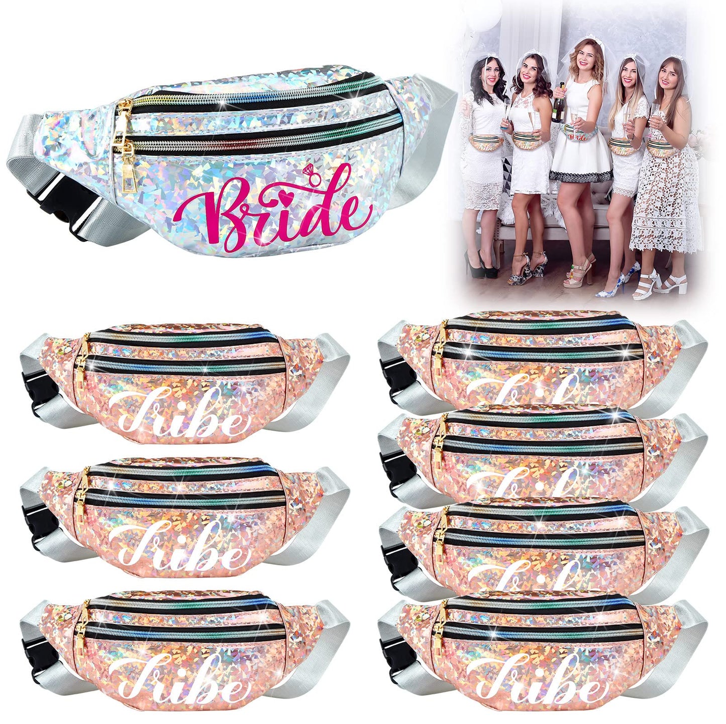 8 Pieces Bachelorette Party Gifts for Bride Holographic Bride Fanny Packs Waterproof Adjustable Bridesmaid Tribe Waist Bag Silver Rose Gold Squad Packs Rave Bags for Wedding Party Bridal Shower