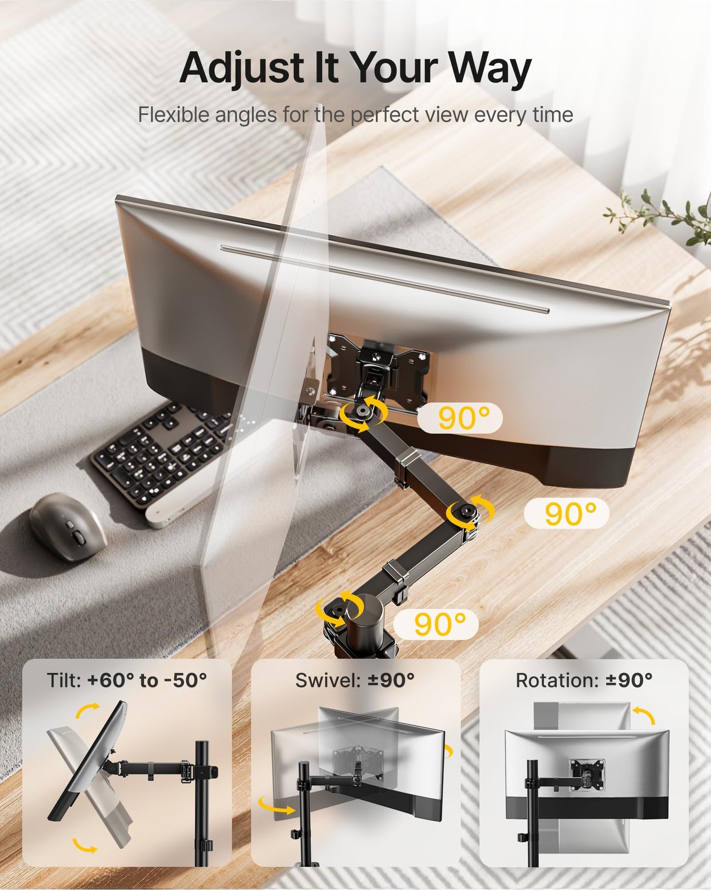 monTEK Single Long Monitor Mount for 17-32 inches Screen, Fully Adjustable Articulating Desk Monitor Stand up to 22lbs Capacity, Computer Mount with C Clamp and Grommet Base, Max VESA 100x100mm