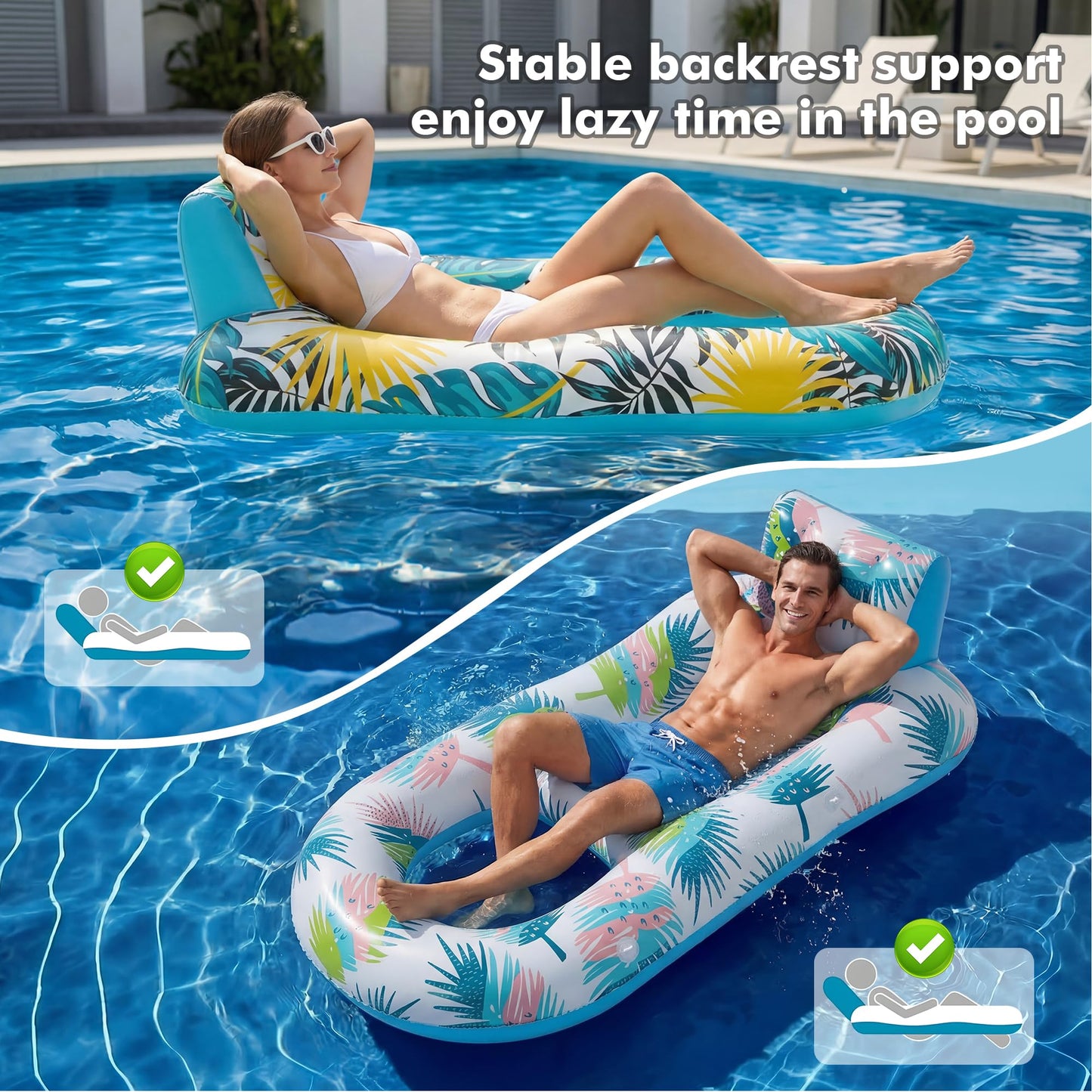 cngg v Pool Floaties for Adults,Inflatable Float Heavy Duty, Backrest & Footrest Pool Float Pool Rafts for Adults Beach Lake Party 2 Pack