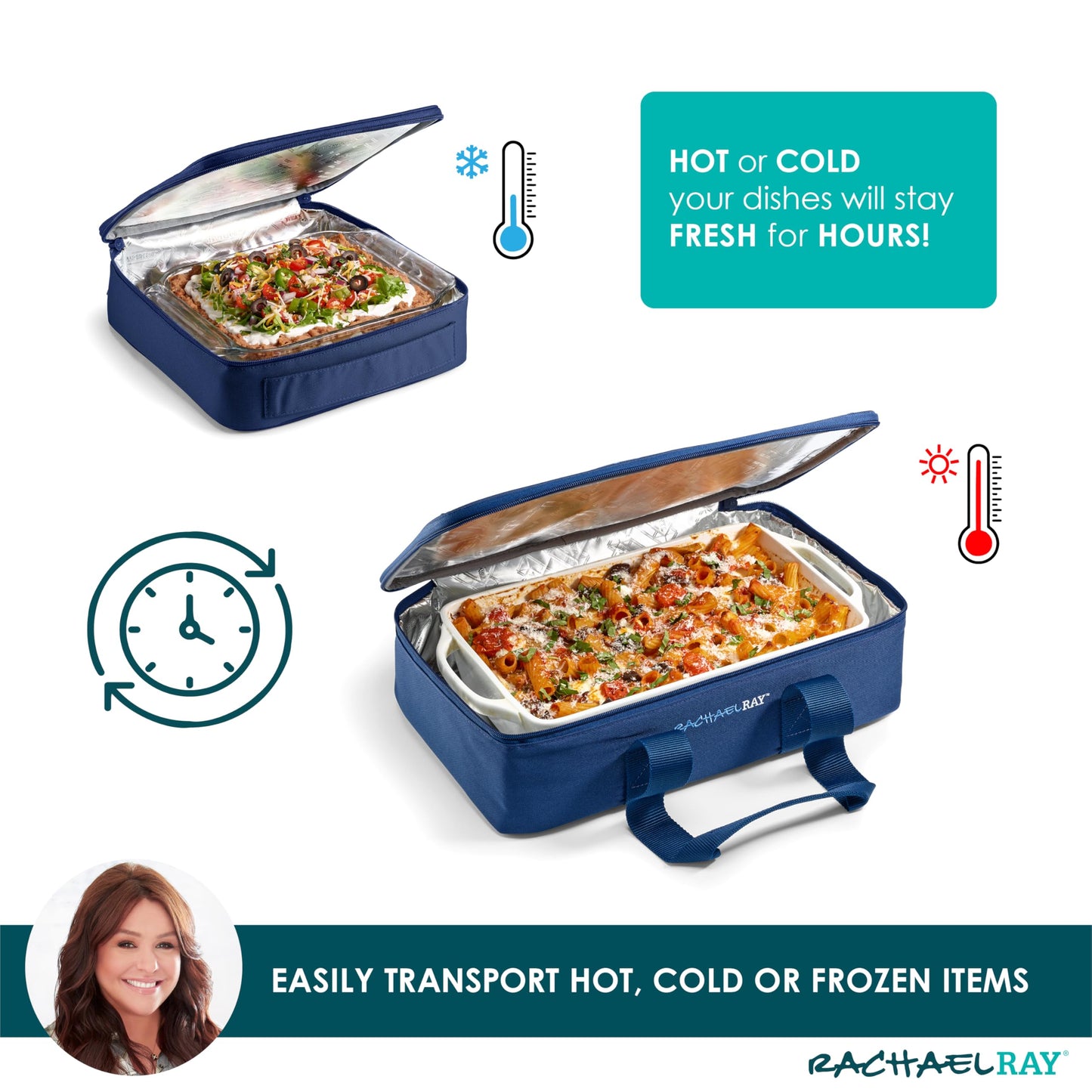 Rachael Ray Lugger Duo, Insulated Casserole Carrier for Hot or Cold Food, Thermal Lasanga Lugger Tote for Pockluck, Parties, Picnic, and Cookouts, Fits 9" x 13" Baking Dish, Navy Gingham