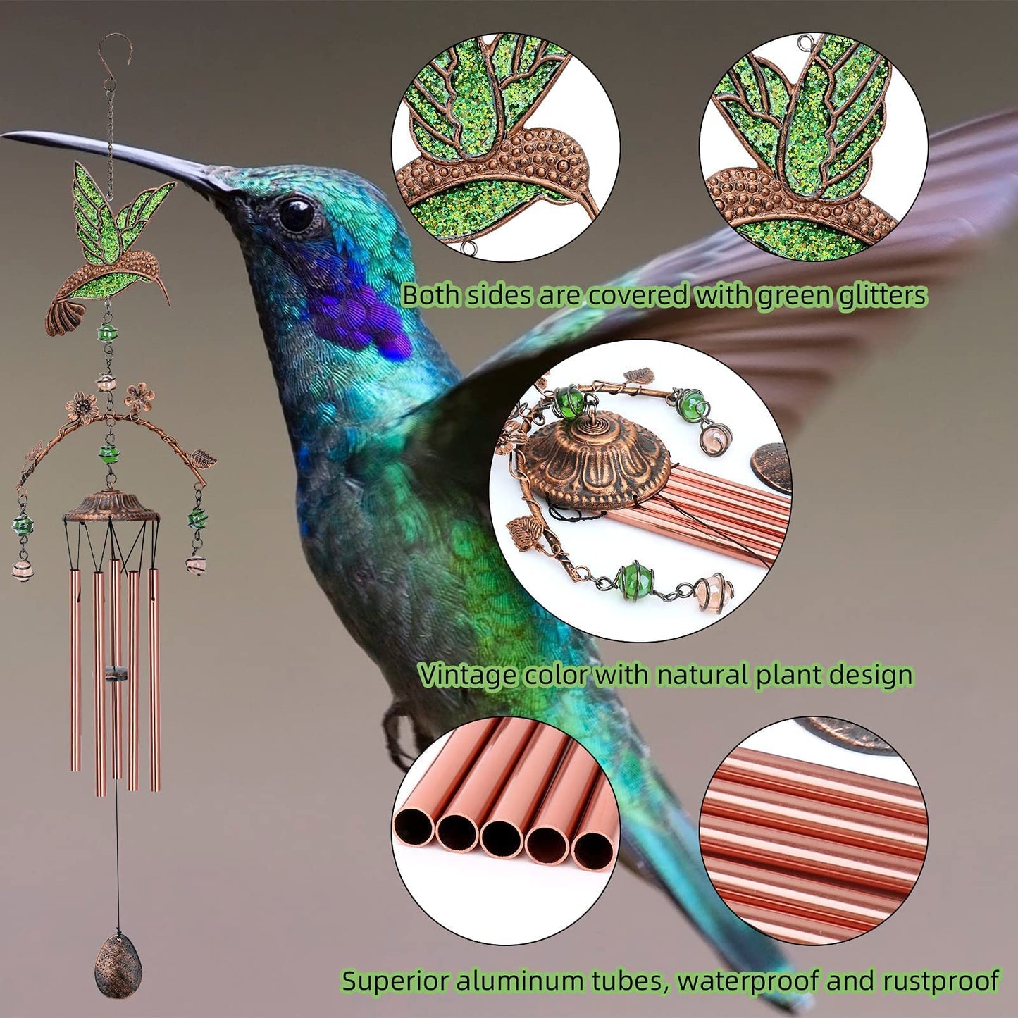 Wind Chimes - Hummingbird Wind Chimes for Outside Deep Tone 34 inches 5 Aluminum Tubes, Birthday, Memorial, Hummingbird Gifts for Mom, Grandma, Decorations for Home, Garden, Patio, Backyard