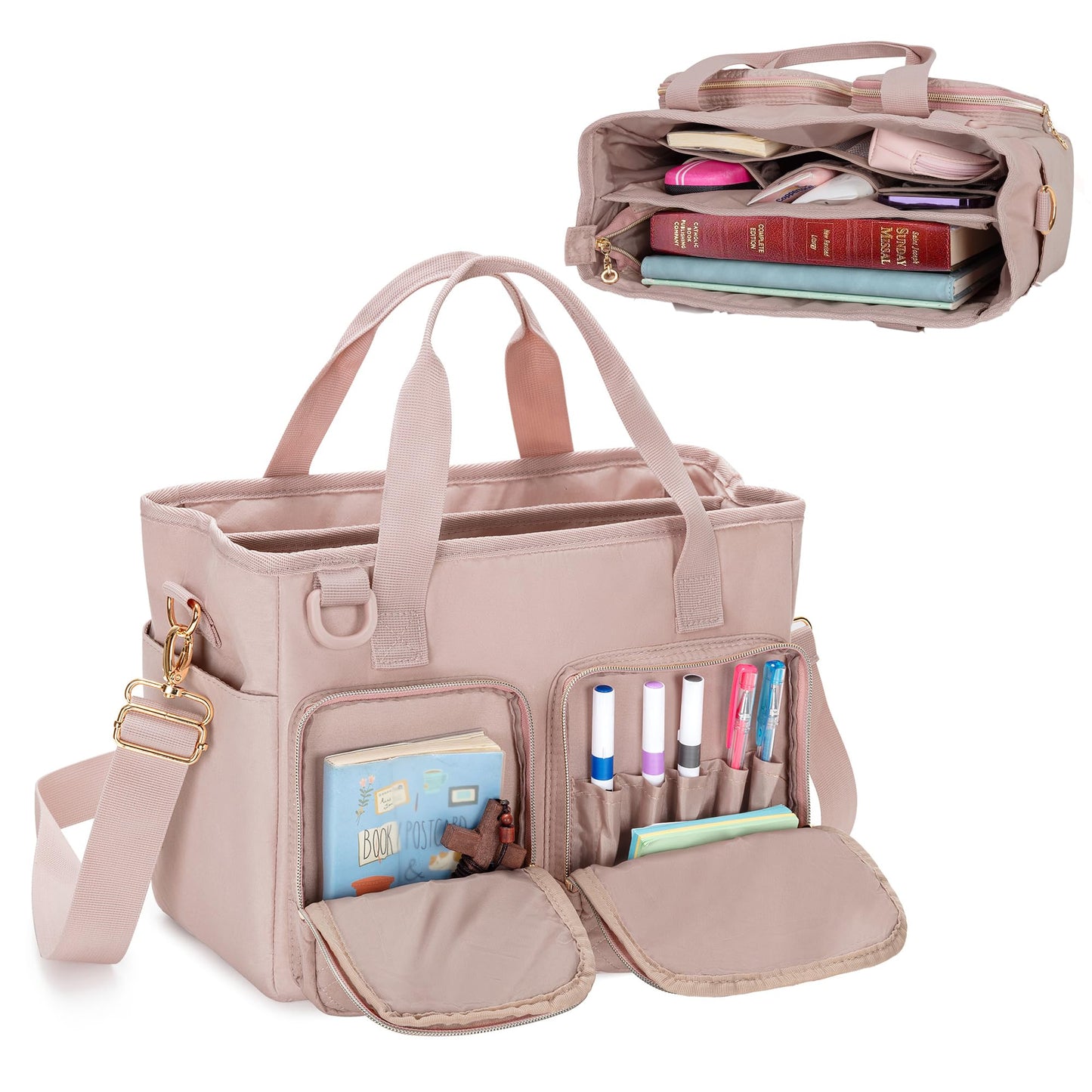 Teamoy Bible Cover for Women, Bible Study Supplies, Carrying Case Book Cover Church Bag for Bible, Bible Case with Water Bottle Pocket and Shoulder Strap, Pink Quilted