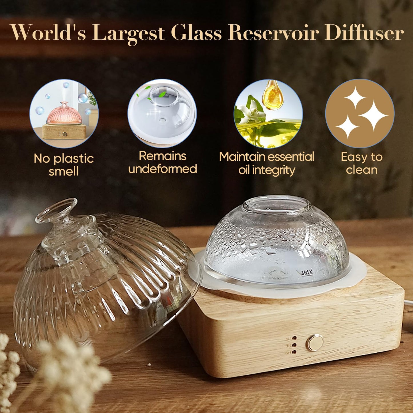 Glass Dome Essential Oil Diffuser with Glass Reservoir & Wood Base-Plastic Free, 200ml Ultrasonic Glass Diffuser for Aromatherapy with Timer 7 Color Light Auto-Off for Gift Home Office Yoga Pilates