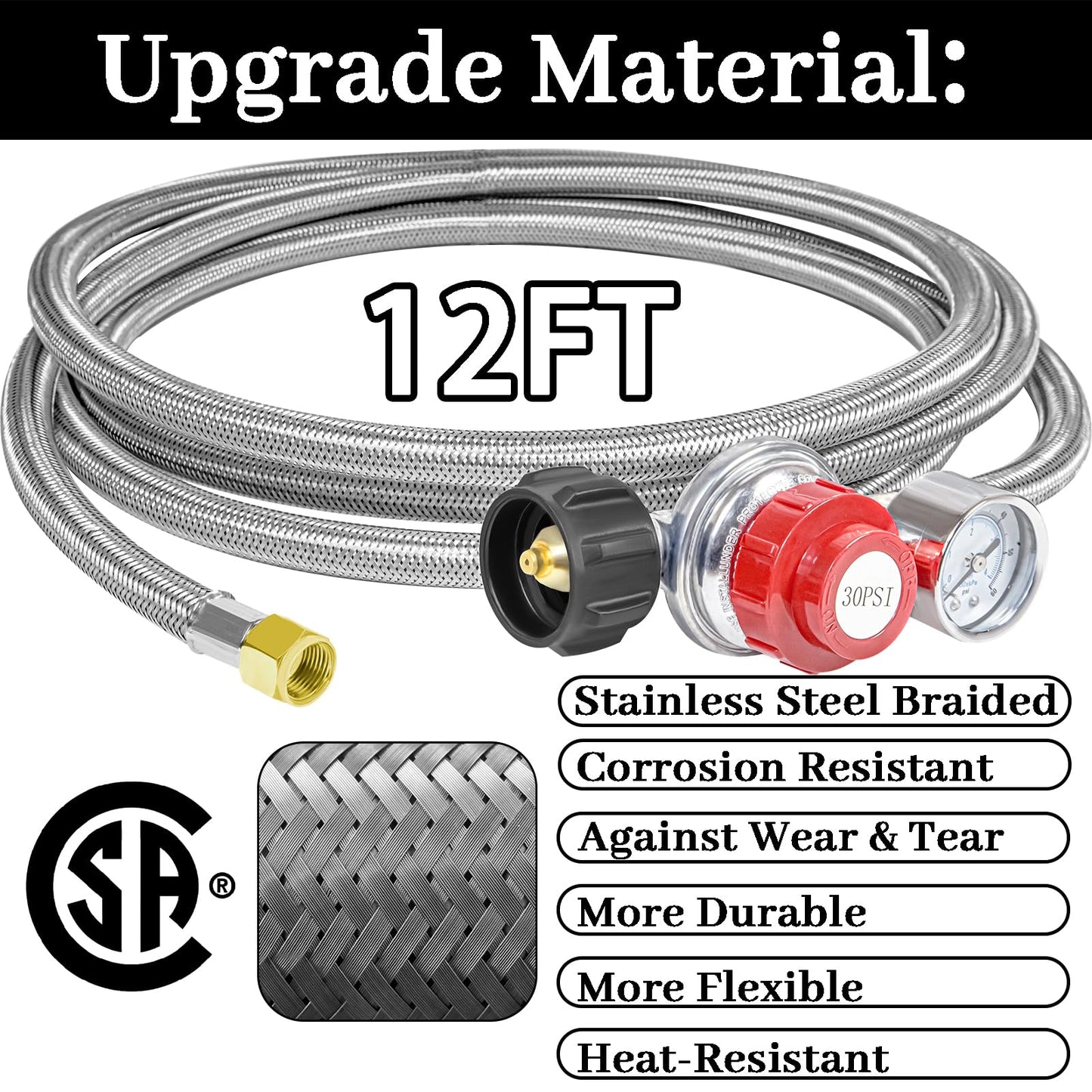12FT 0-30PSI High Pressure Adjustable Propane Regulator with 0-60PSI Gauge Gas Flow Indicator, Stainless Steel Braided Hose and Gas Grill Regulator, QCC1x3/8 Female Flare Fitting for Gas Tank Cooker