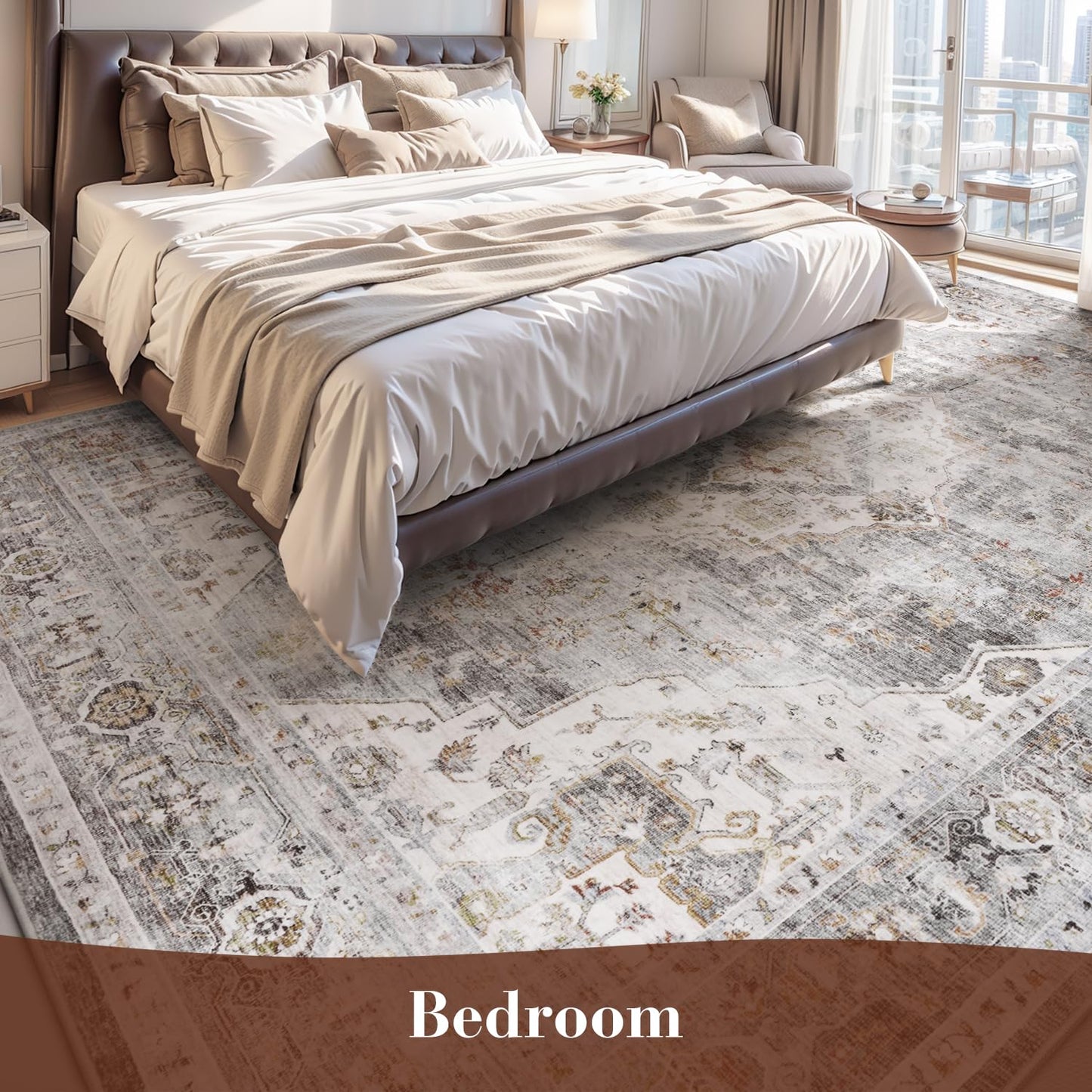Montvoo-Area Rug 5X7 Rugs for Living Room-Grey Machine Washable Rug-Soft Living Room Rug-Vintage Non Slip Carpet-Rugs for Bedrooms Dining Room Living Room Office