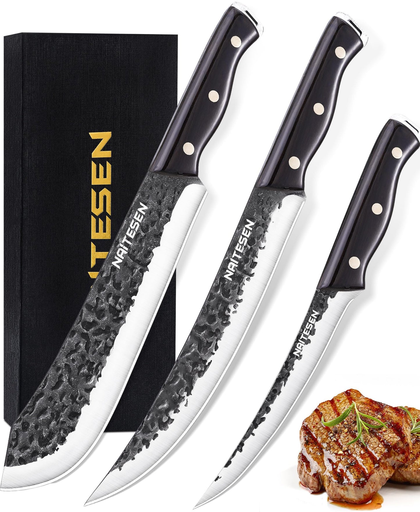 Naitesen Professional Butcher Knife Set 3, Bullnose Meat Cleaver Breaking Knife Boning Knife Hand Forged Very Sharp for Meat Cutting Home Kitchen Cooking BBQ