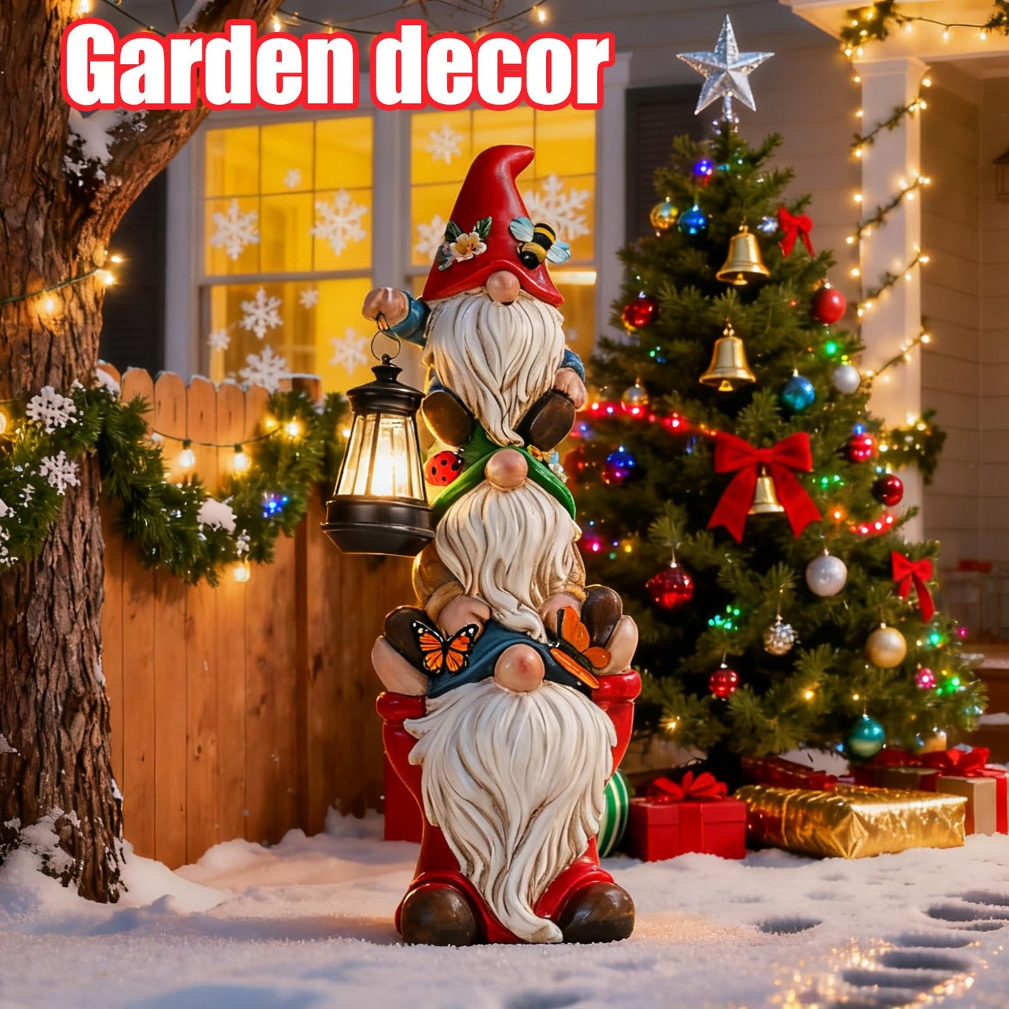 Christmas Garden Gnome Statue with Solar Lights Garden Sculptures Funny Triple Gnome Outdoor Patio Lawn Yard Balcony Home Decor Birthday Gifts for Women Mom Grandma 12 in Thanksgiving Gnome