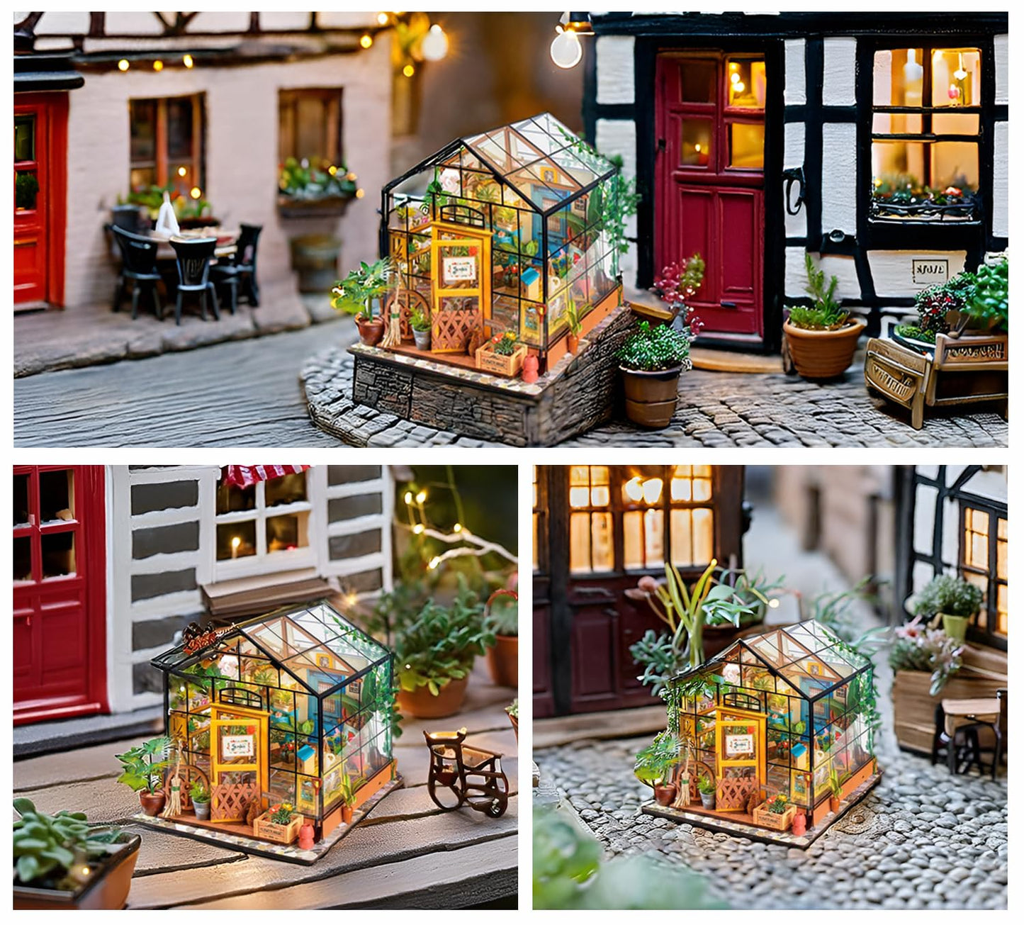 ROBOTIME DIY Dollhouse Wooden Miniature Furniture Kit Mini Green House with LED Best Birthday Gifts for Boys & Girls