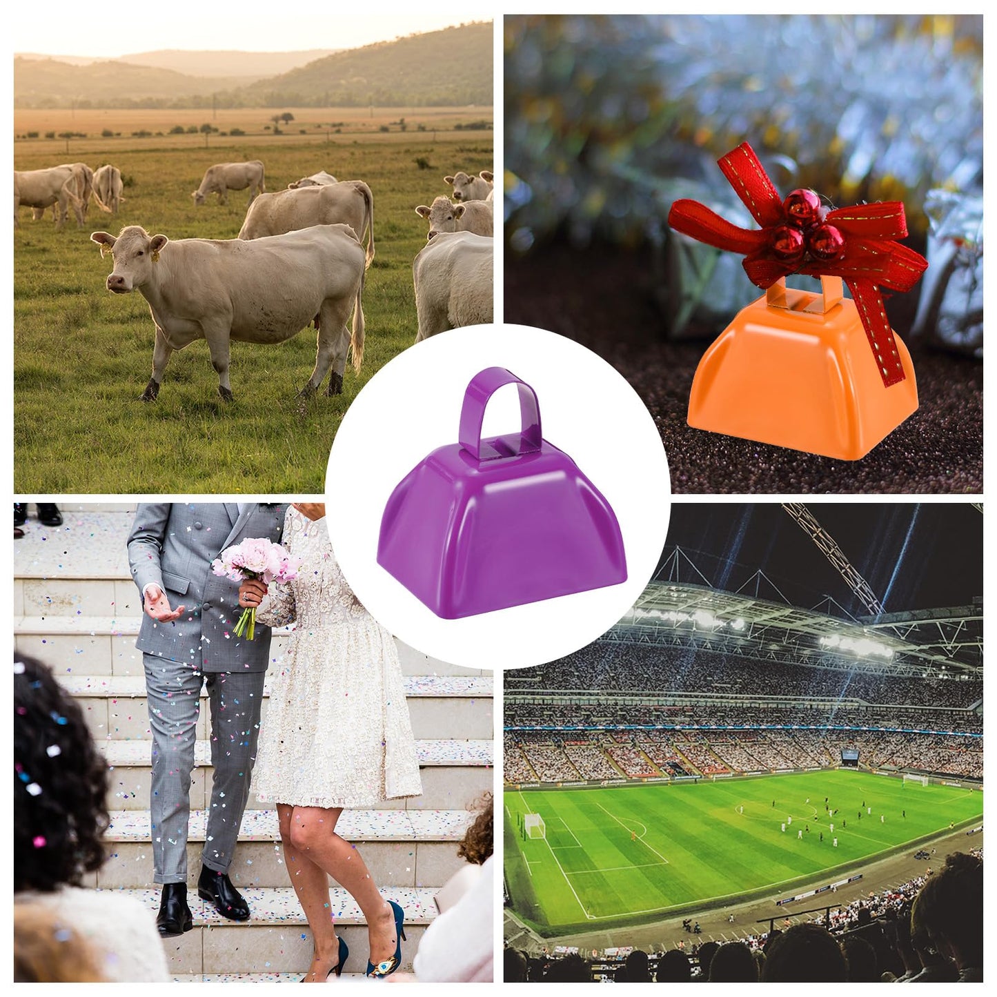 PATIKIL 24pcs Cow Bells for Football Games,3in Cowbells for Sporting Events Bulk Loud Noise Makers Metal Cow Bell with Handle for Cheering Competition Marathon Wedding, Blue Purple