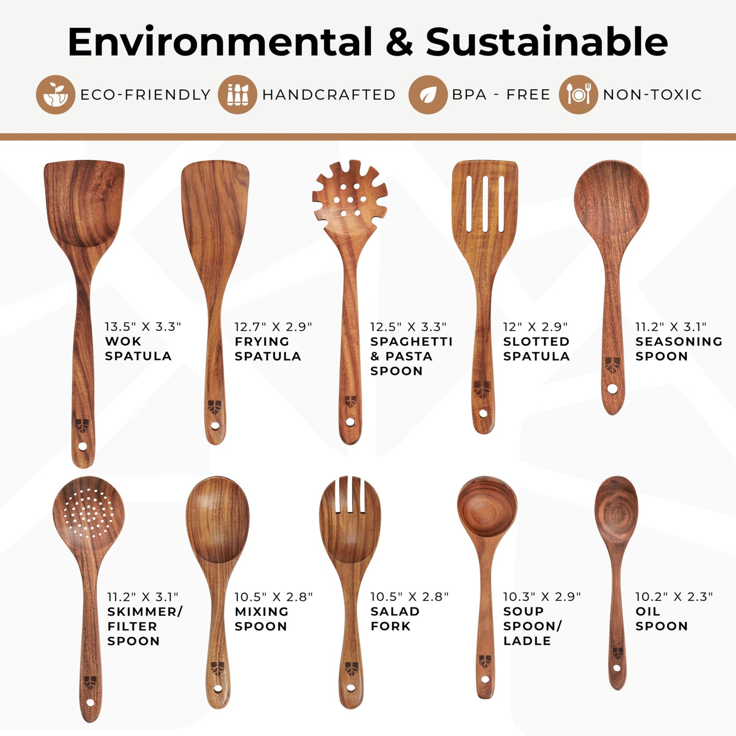 Wooden Spoons for Cooking, Kitchen Utensil Set, 10 Pcs Cooking Utensils Set for Nonstick Pans & Cookware – Study Teak Wood, Lightweight & Heat Resistant