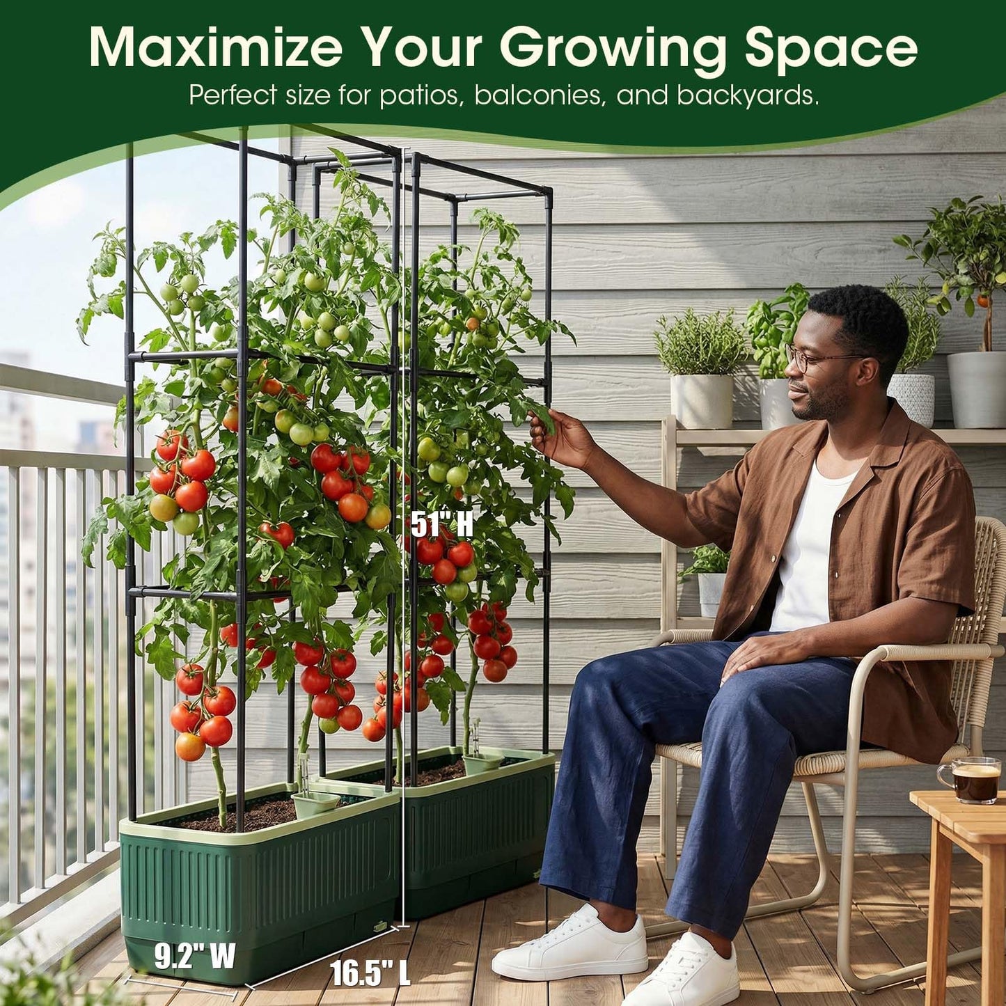 MQHUAYU 2 Pack 51" Self Watering Planter Box with Trellis, Tomato Planter Trellis for Raised Garden Bed, Cage with Visual Water Indicator, Indoor Outdoor Tomato Cages for Garden Patio