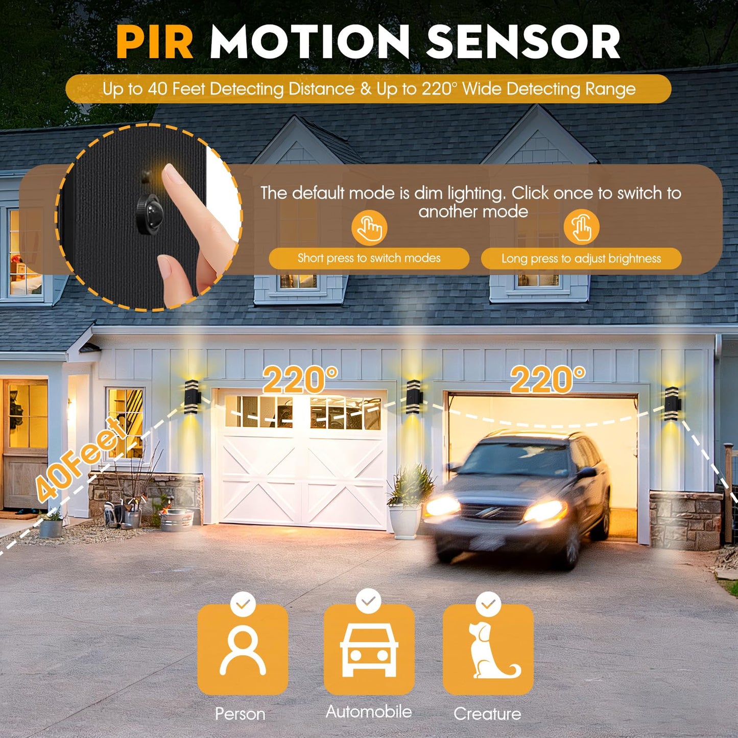 2-Pack Smart Motion Sensor Outdoor Wall Light | Dusk-to-Dawn & 3 Modes | Weatherproof IP65 with Pre-Installed GU10 Bulbs