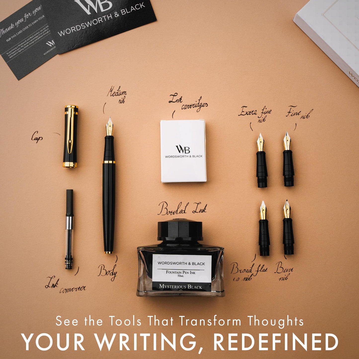 Wordsworth & Black Fountain Pen Gift Set, Includes Ink Bottle, 6 Ink Cartridges, Ink Refill Converter, 4 Replacement Nibs, Premium Package, Journaling, Calligraphy, Smooth Writing Pens [Black Gold]