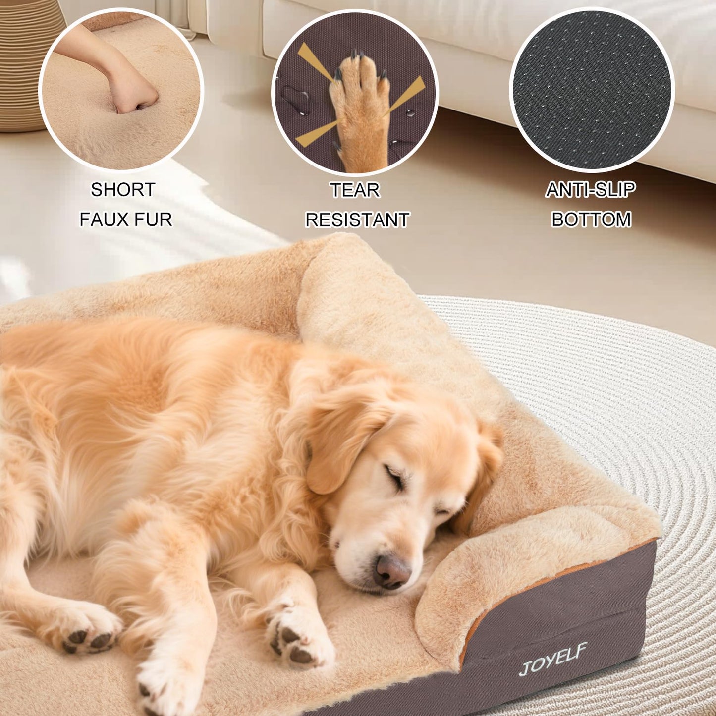 JOYELF Dog Bed for Medium Dogs, Bolster and Foam Sofa Couch Bed with Nonskid Bottom, Durable Dog Couch for Small to Medium Dogs - Brown