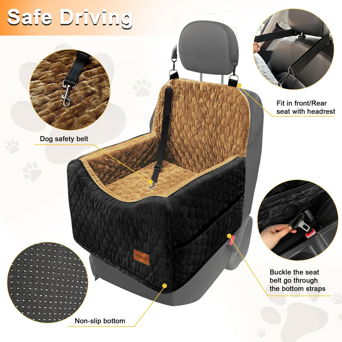 Dog Car Seat for Small/Medium Dogs, Memory Foam Dog Booster Seat, Elevated Pet Car Seat for Dogs up to 35 lbs, Travel Safety Car Seat with Washable Removable Cover, Storage Pockets (BlackBrown)