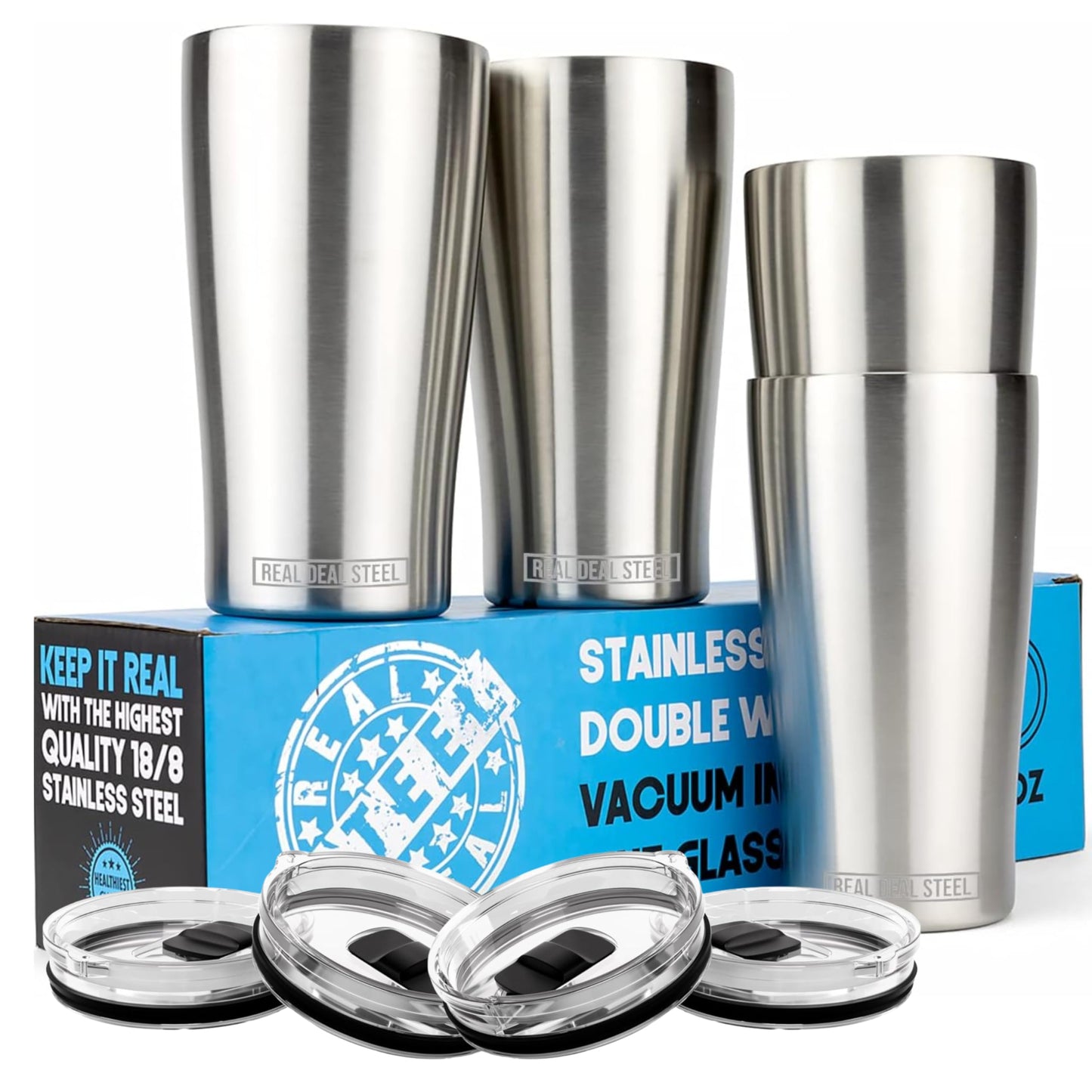 Stainless Steel Vacuum Insulated Pint Glasses - Set of 4 Pint Cups for Outdoors 16oz with Lids