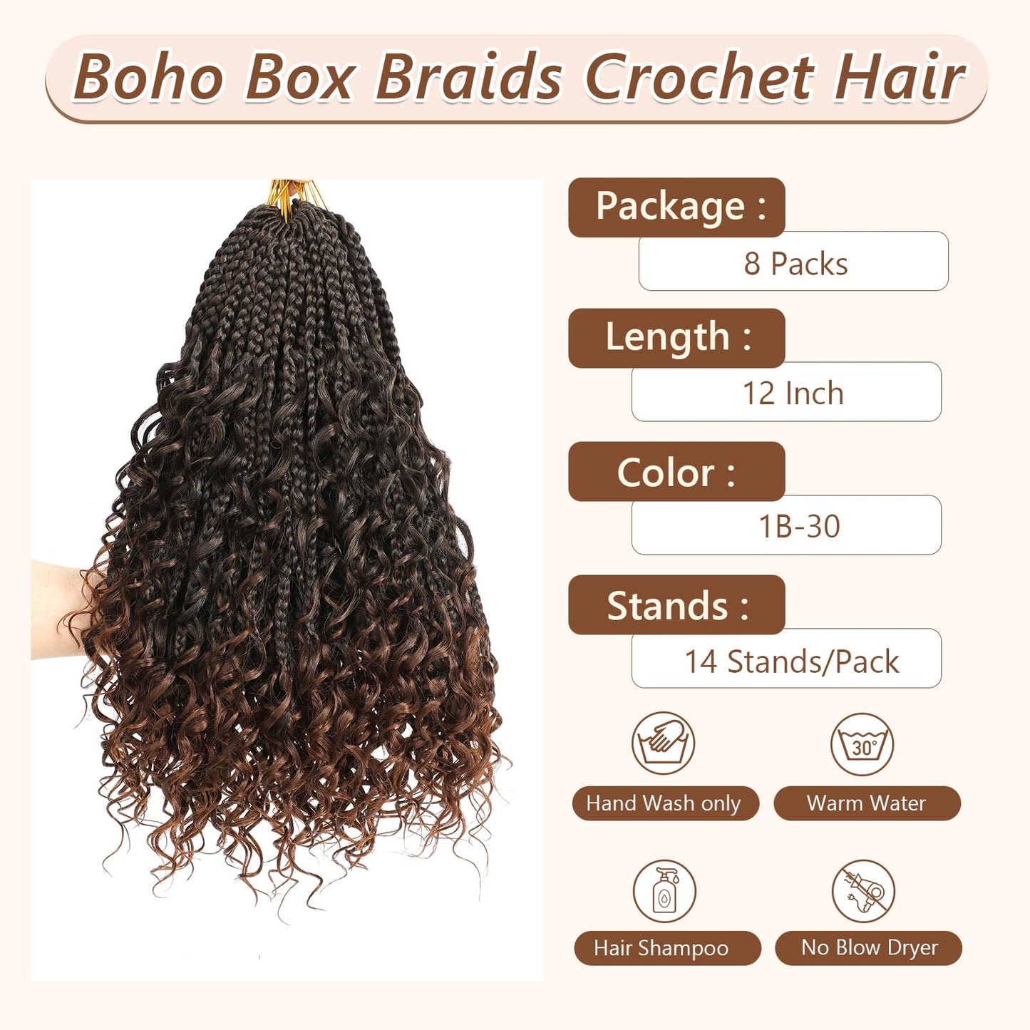 8 Packs Goddess Box Braids Crochet Hair-12 Inch Crochet Box Braids Pre-looped Bohomian Crochet Braids Hair Synthetic Braiding Hair Extensions Crochet Hair for Black Women(1B/30)
