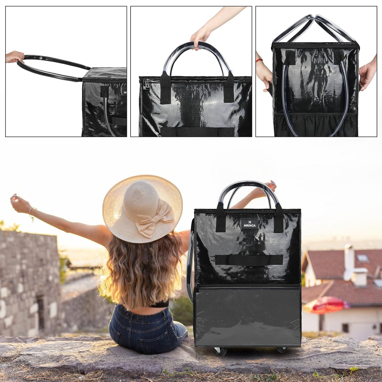 Foldable Shopping Cart with Wheels, Waterproof PP Grocery Tote Bag with 6 Pockets, Zippered Top, 4 Wheels and Heavy Duty Handles, Lightweight, Carries Up to 22 LBS, Small, Black