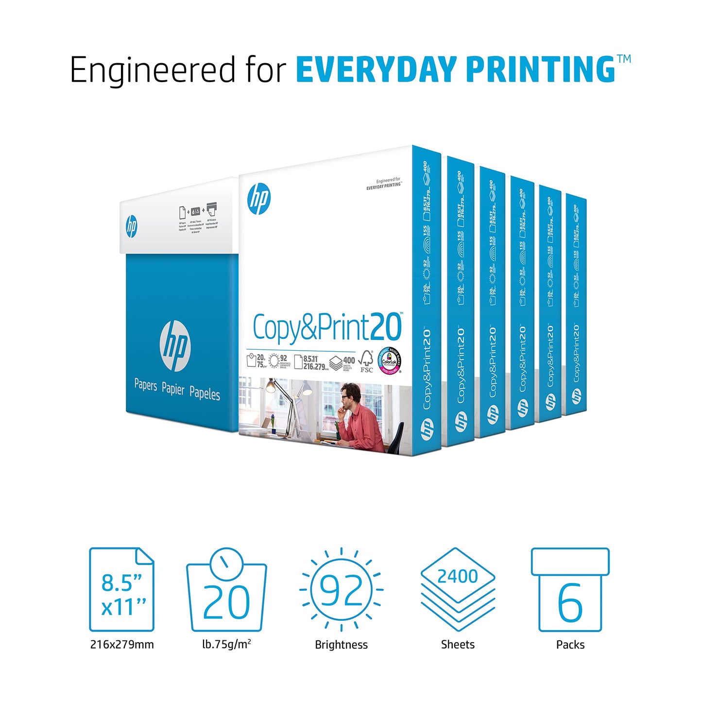 HP Printer Paper 8.5x11 Copy&Print 20 lb 6 Pack Case 2400 Sheets 92 Bright Made in USA FSC Certified Copy Paper HP Compatible 200010C